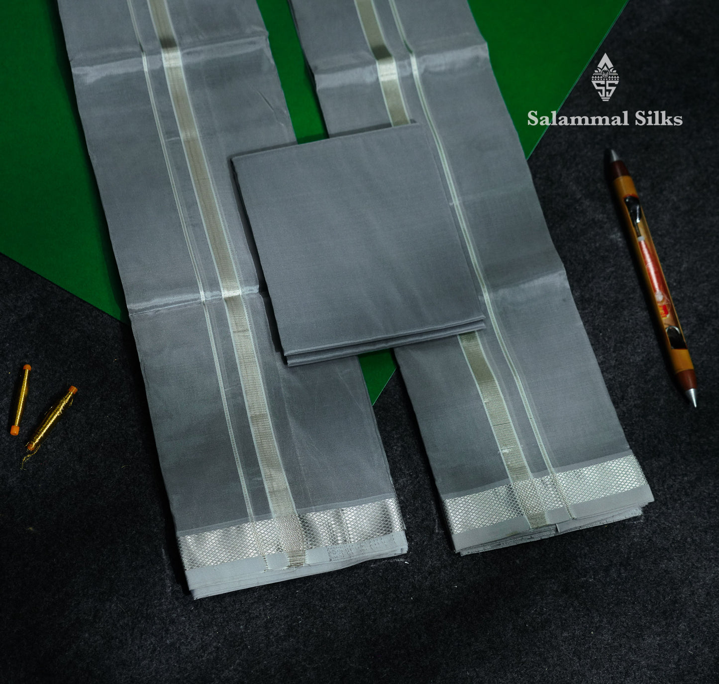 Grey Pure Mix (8x4) Dhoti, Angavastram & Shirt (2.50M) with Silver Zari Border