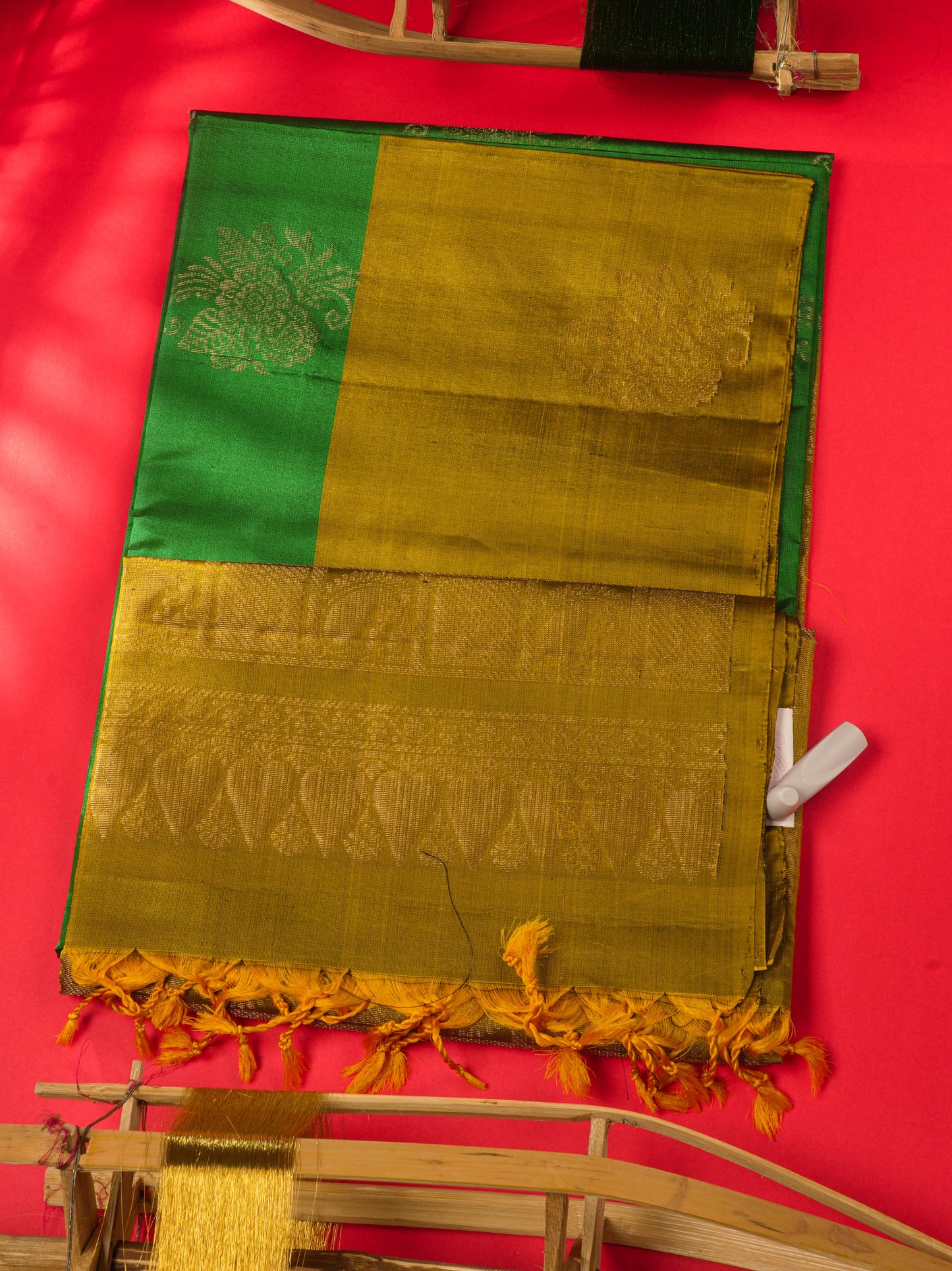 Kanjivaram Beautiful Green Pure Soft Silk Saree With Contrast Fancy Mustard Yellow Border