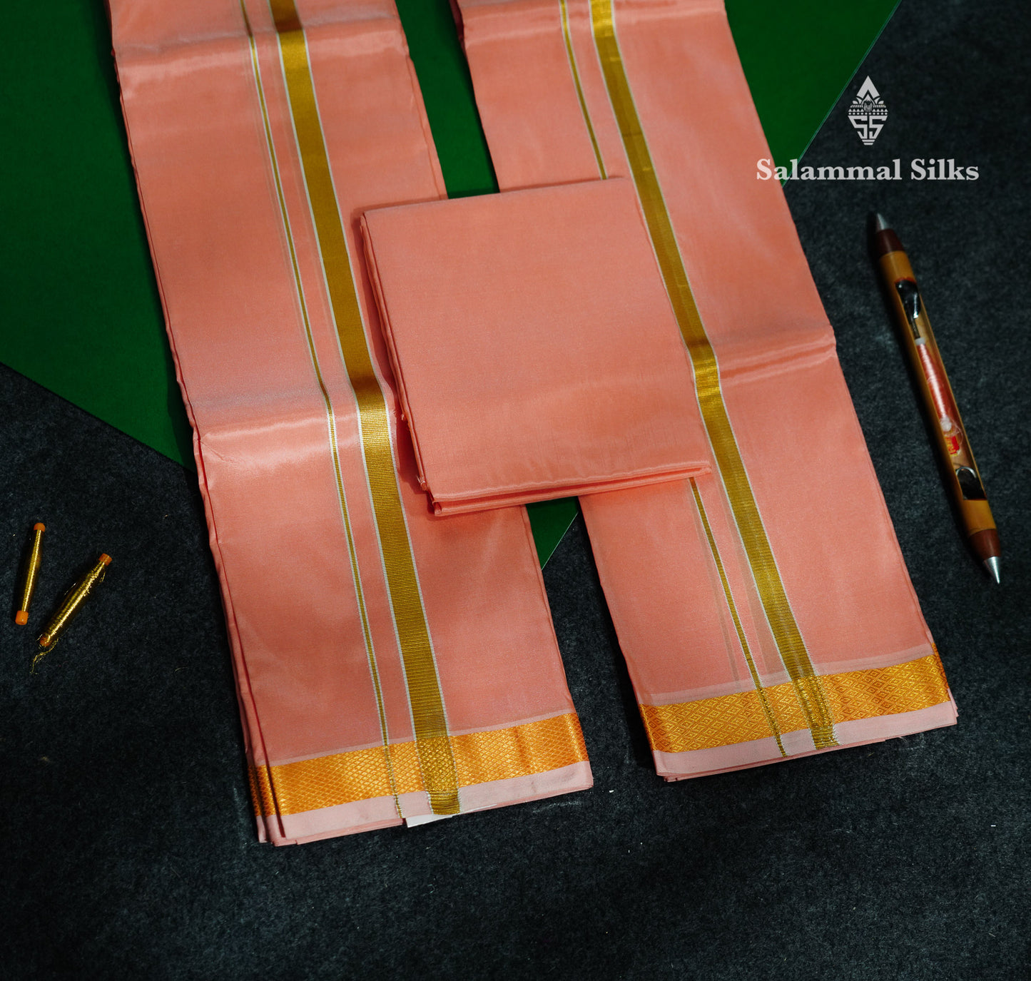 Dark Peach Pure Mix (8x4) Dhoti, Angavastram & Shirt (2.50M) with Gold Zari Border