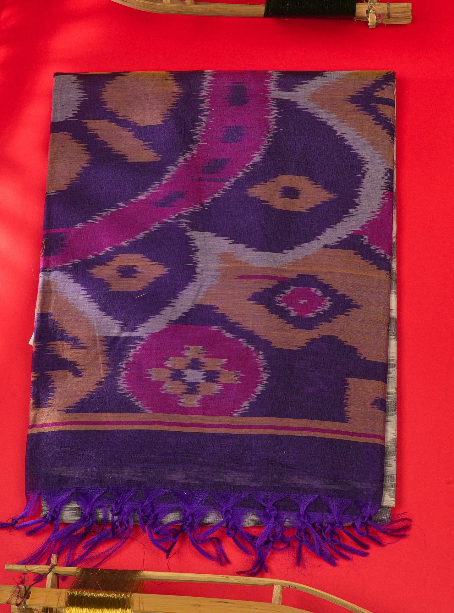 Premium White Pochampalli SICO Cotton Saree With Contrast Violet Border