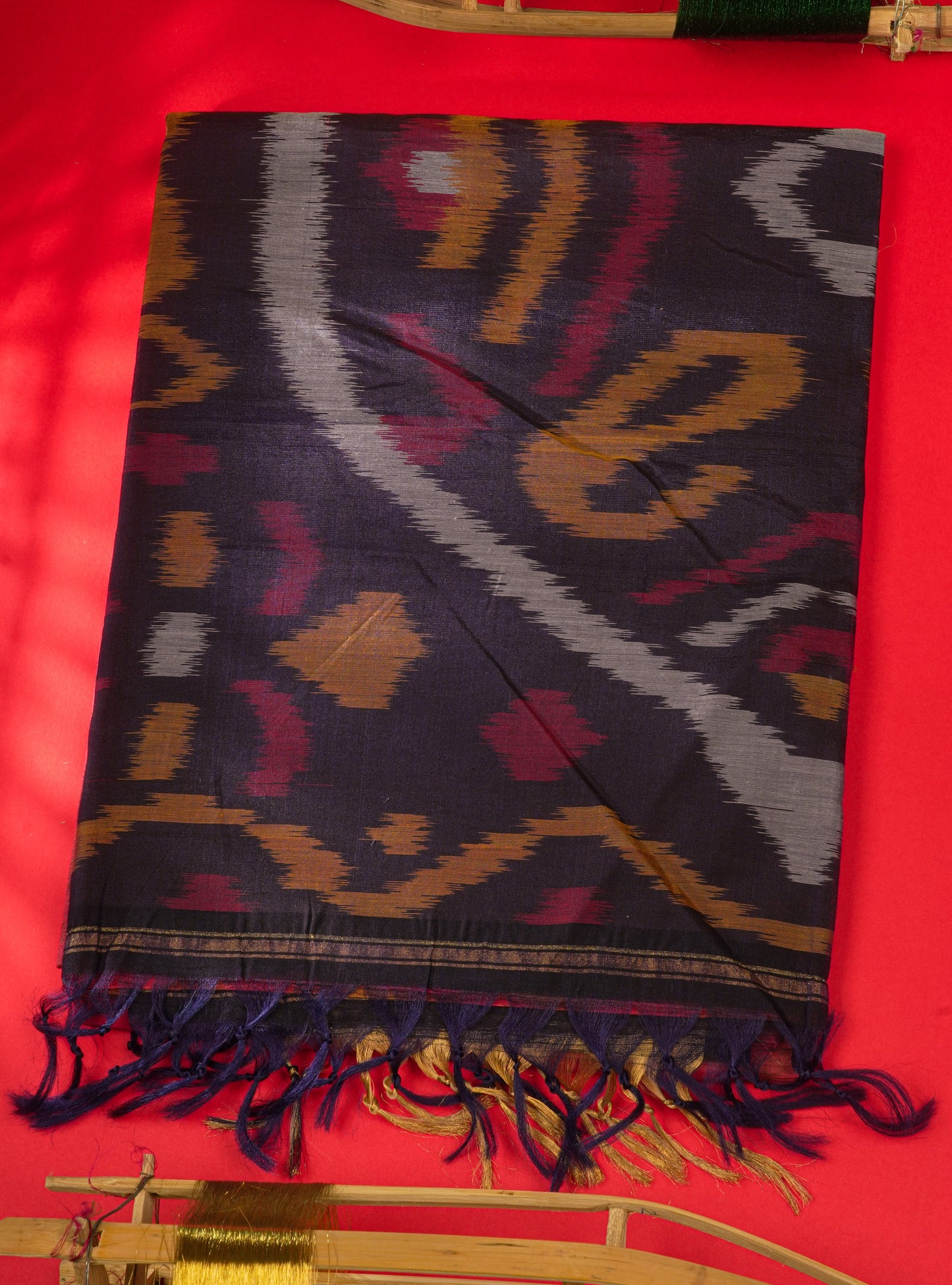 Premium Light Maroon Pochampalli SICO Cotton Saree With Contrast Tissue Navy Blue Border