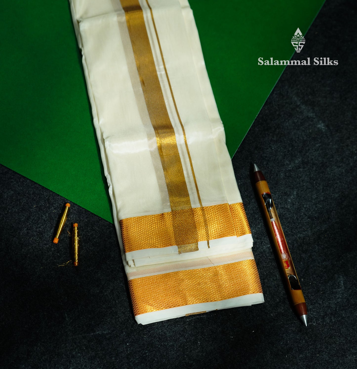Beautiful Cream White Asha Mix (8x4)Dhoti With Gold Zari Border