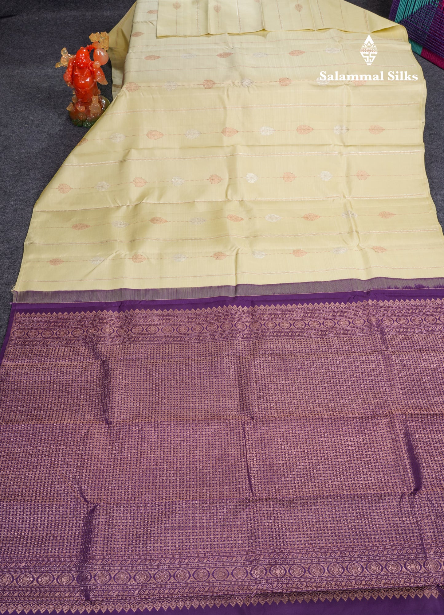 Cream Yellow Fancy Pure Kanjivaram Silk Saree With Contrast Dark Purple Blouse