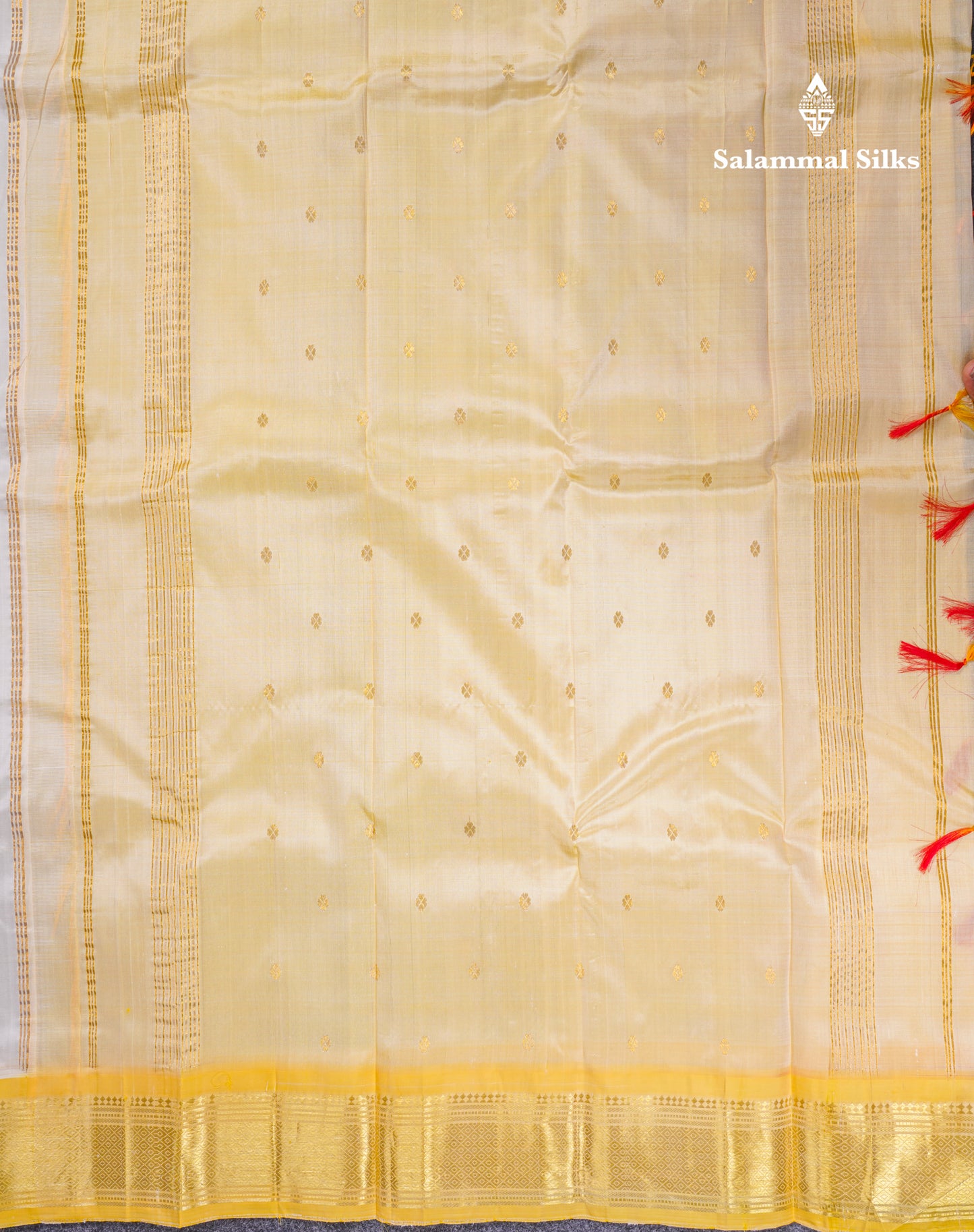 Beautiful Half White Pure Kanjivaram Silk Saree With Contrast Yellow One Side Border