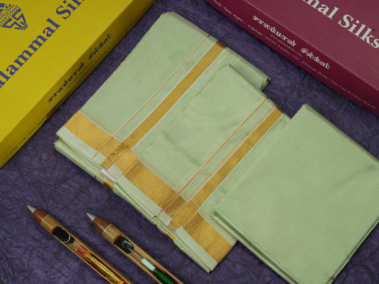 Cream Green PureMix Dhoti, Angavastram & Shirt (2.50M) with Gold Zari Border