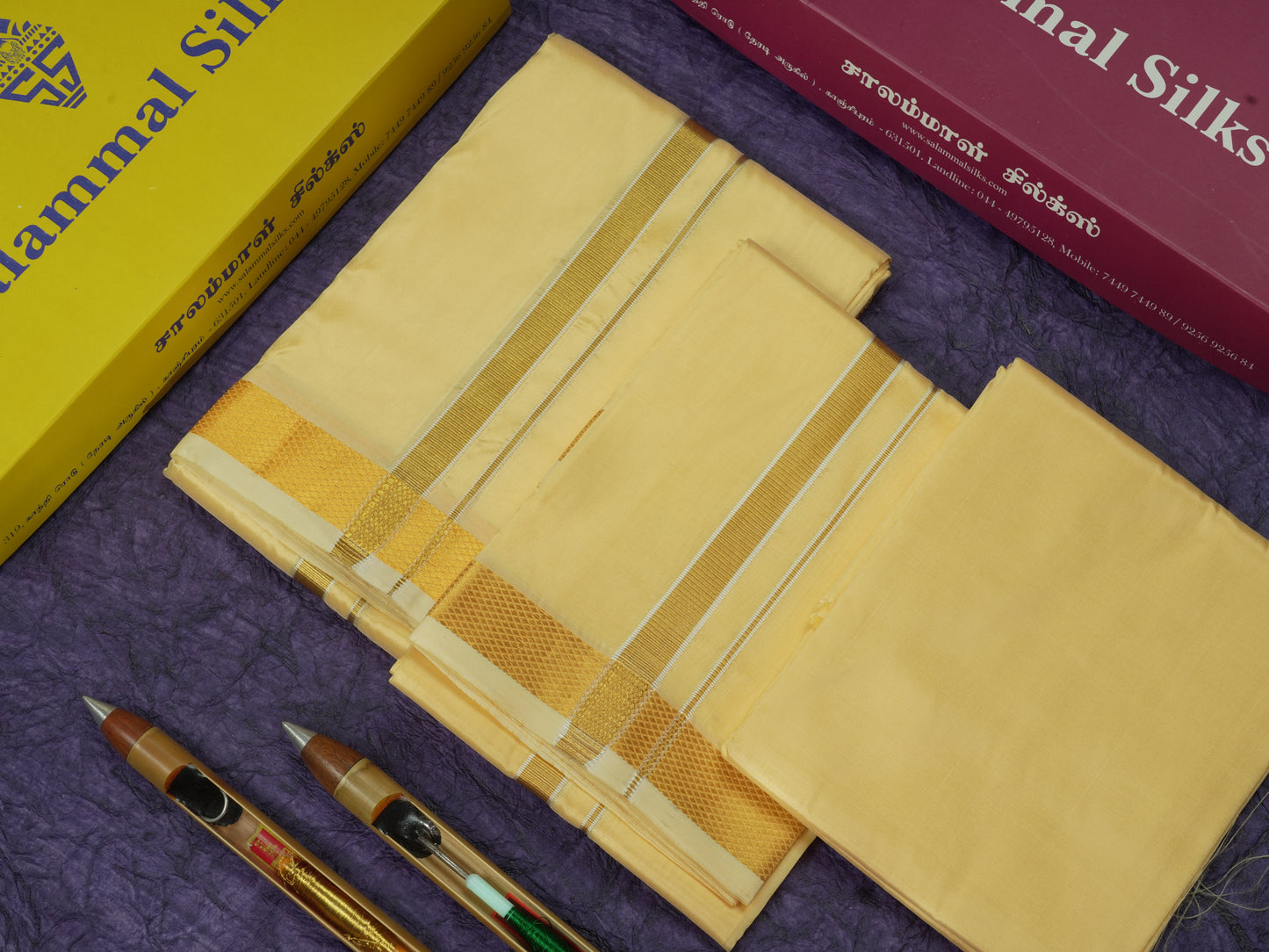 Sandal Semi Silk Dhoti, Angavastram & Shirt (2.50M) with Gold Zari Border
