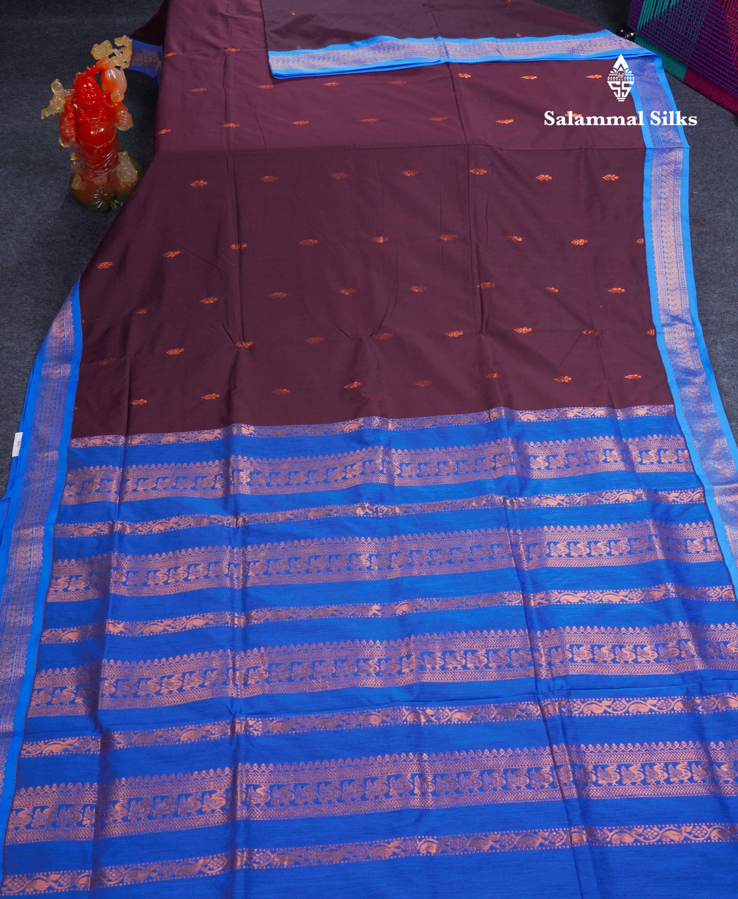 Dark Brown Kalyani Cotton Saree With Contrast Ananda Blue Blouse