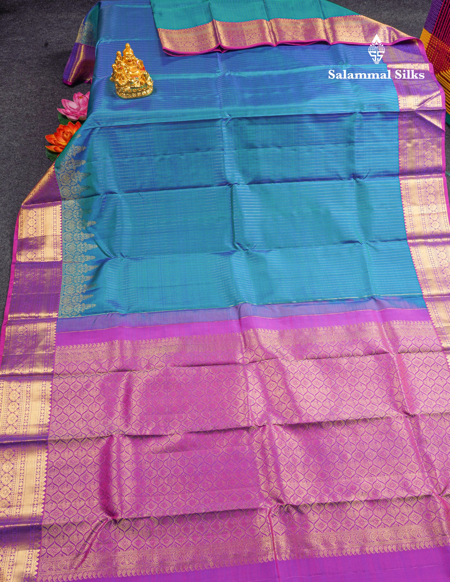 Kanjivaram Beautiful Peacock Blue Gold Zari Lines Pure Silk Saree With Vadamalli Border