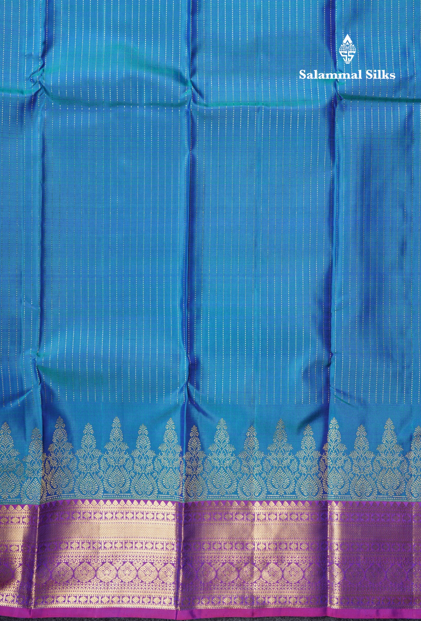 Kanjivaram Beautiful Peacock Blue Gold Zari Lines Pure Silk Saree With Vadamalli Border