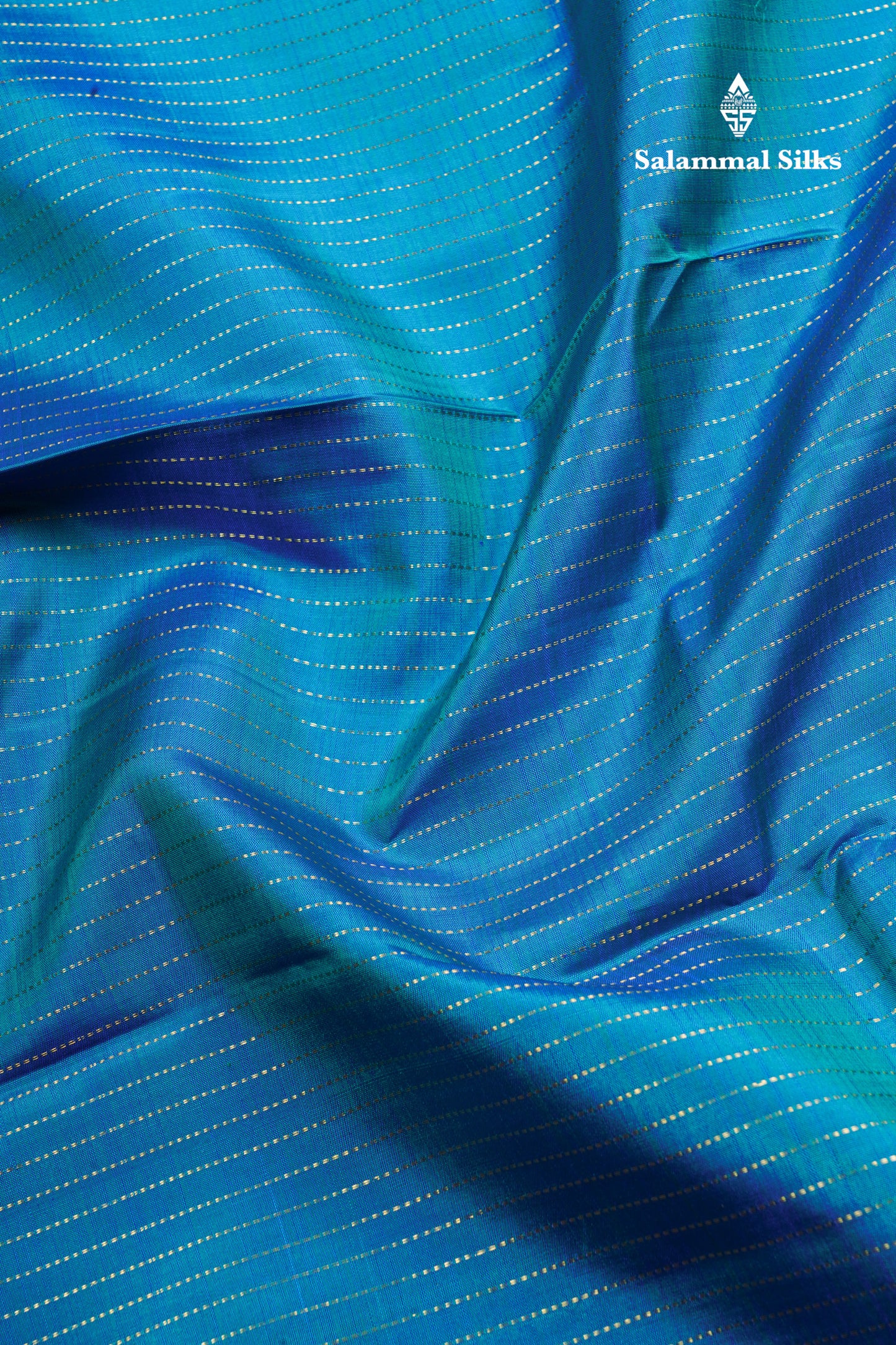 Kanjivaram Beautiful Peacock Blue Gold Zari Lines Pure Silk Saree With Vadamalli Border