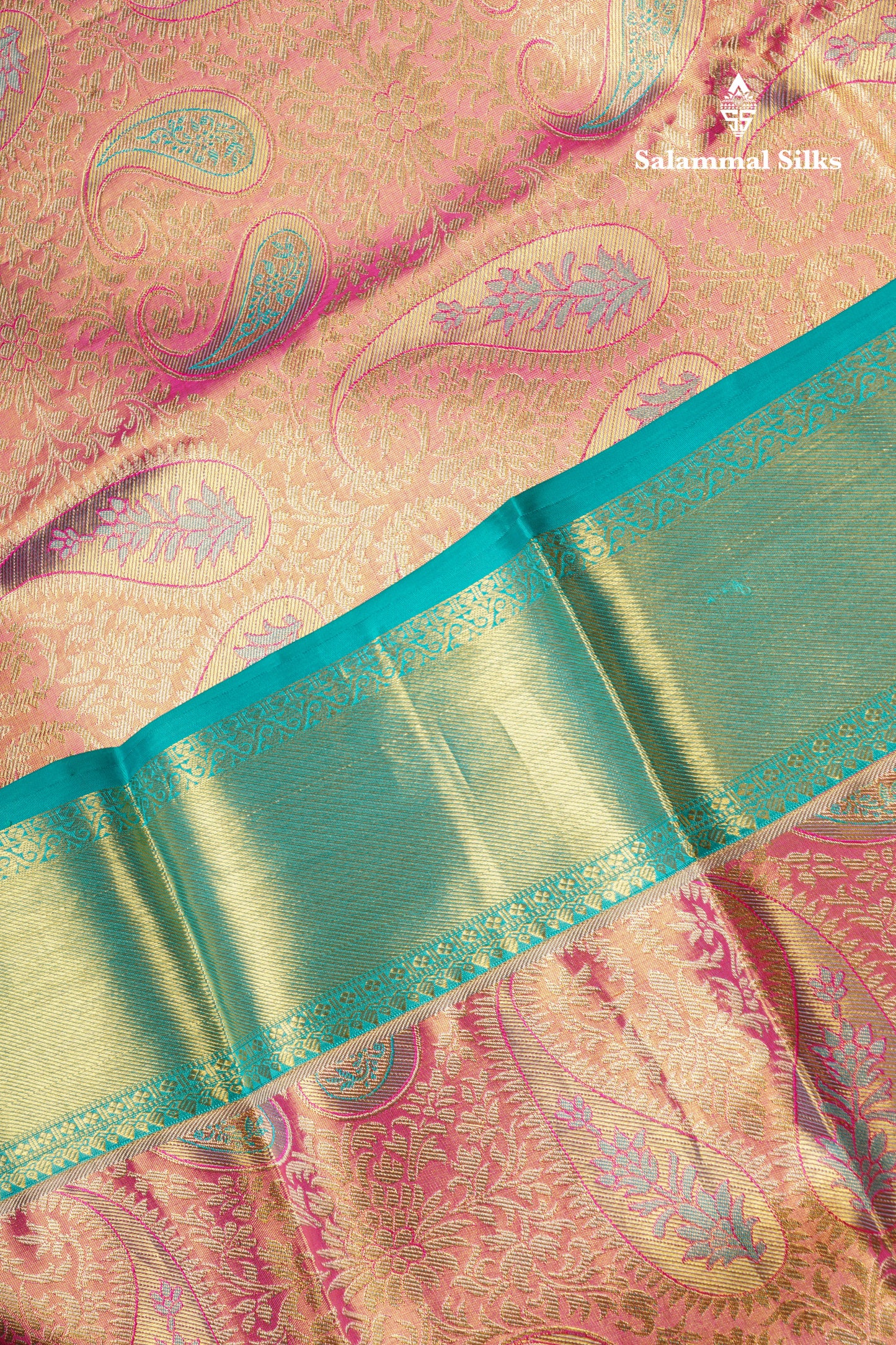 Pink Tissue Bridal Pure Kanjivaram Silk Saree With Sapphire Green Border