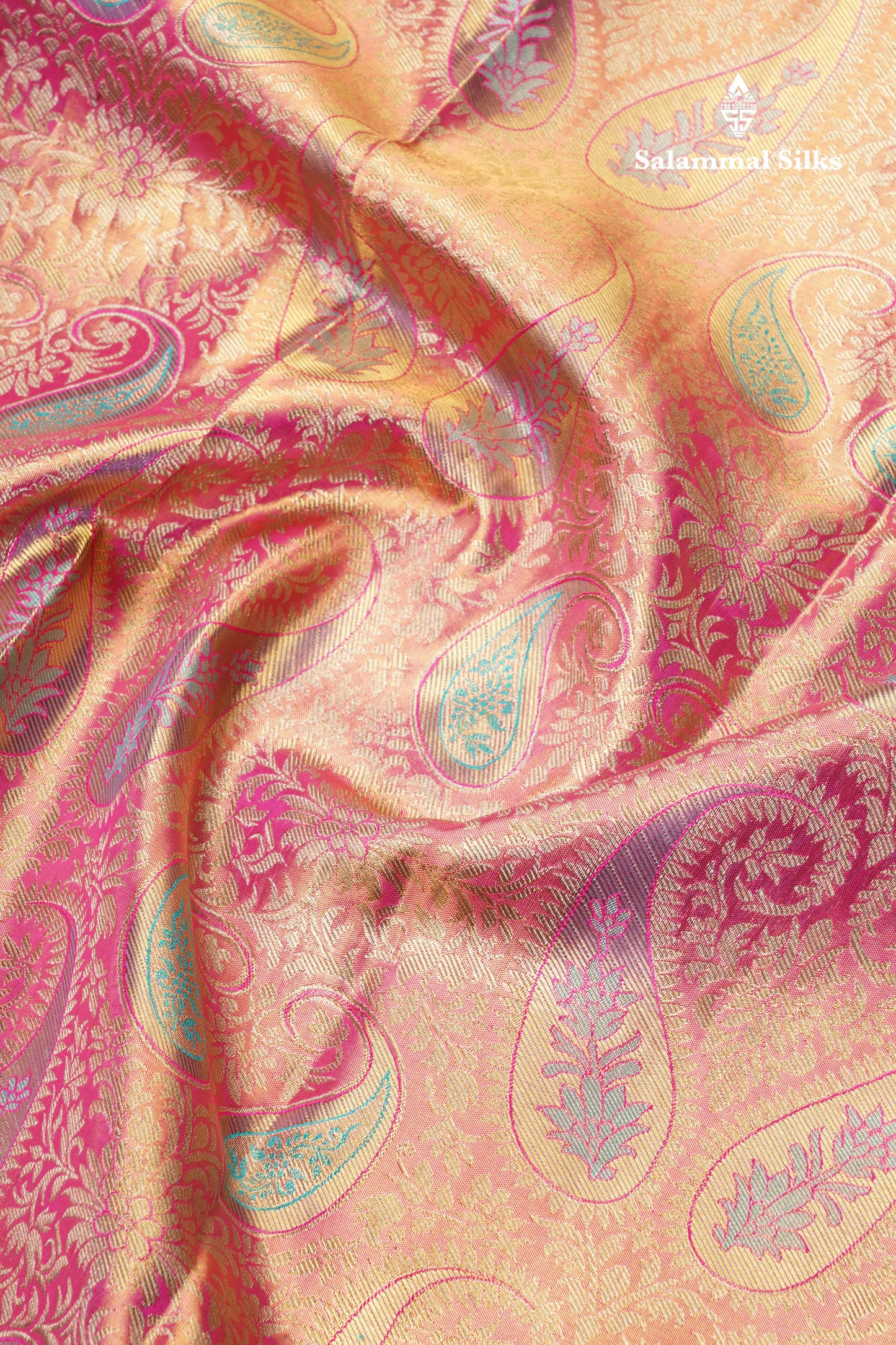 Pink Tissue Bridal Pure Kanjivaram Silk Saree With Sapphire Green Border