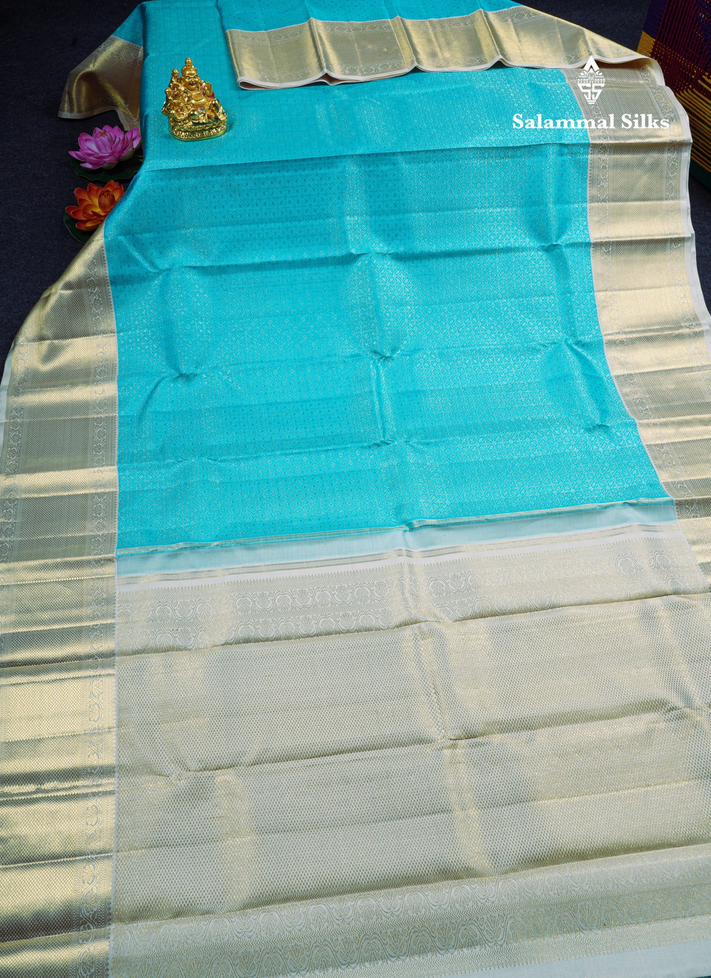 Beautiful Light Anandha Blue Pure Kanjivaram Silk Saree (2G) With Contrast Half White Border