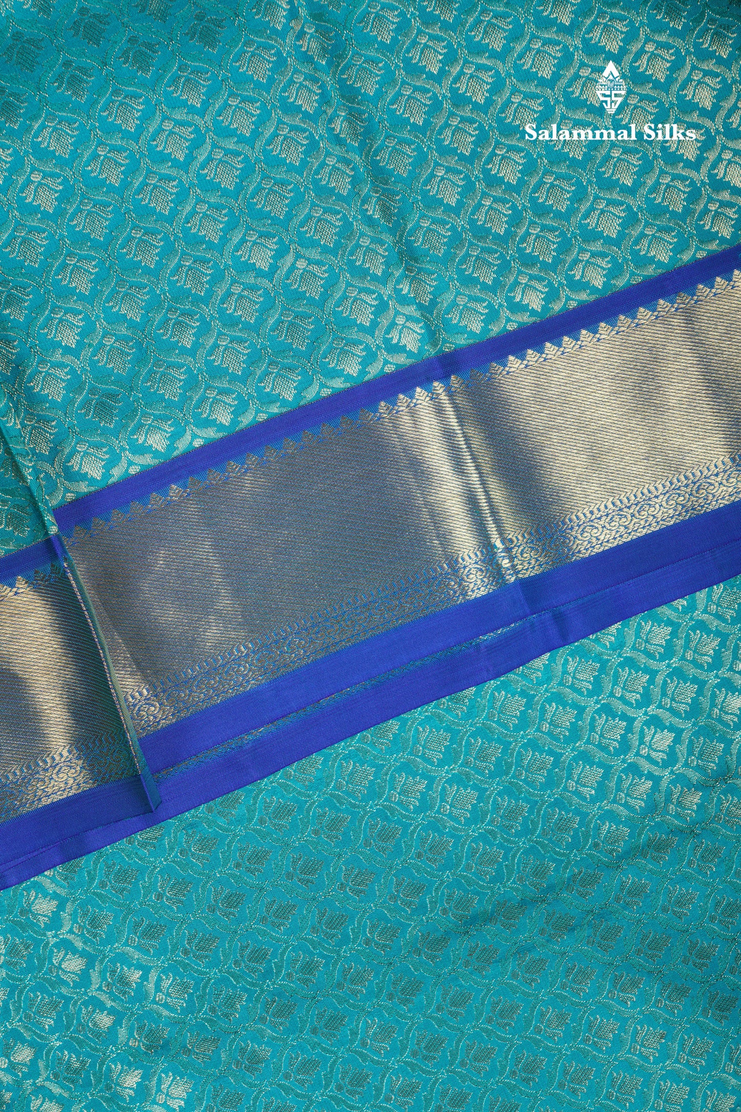 Sapphire Green Bridal Pure Kanjivaram Silk Saree With Contrast Royal Blue Border