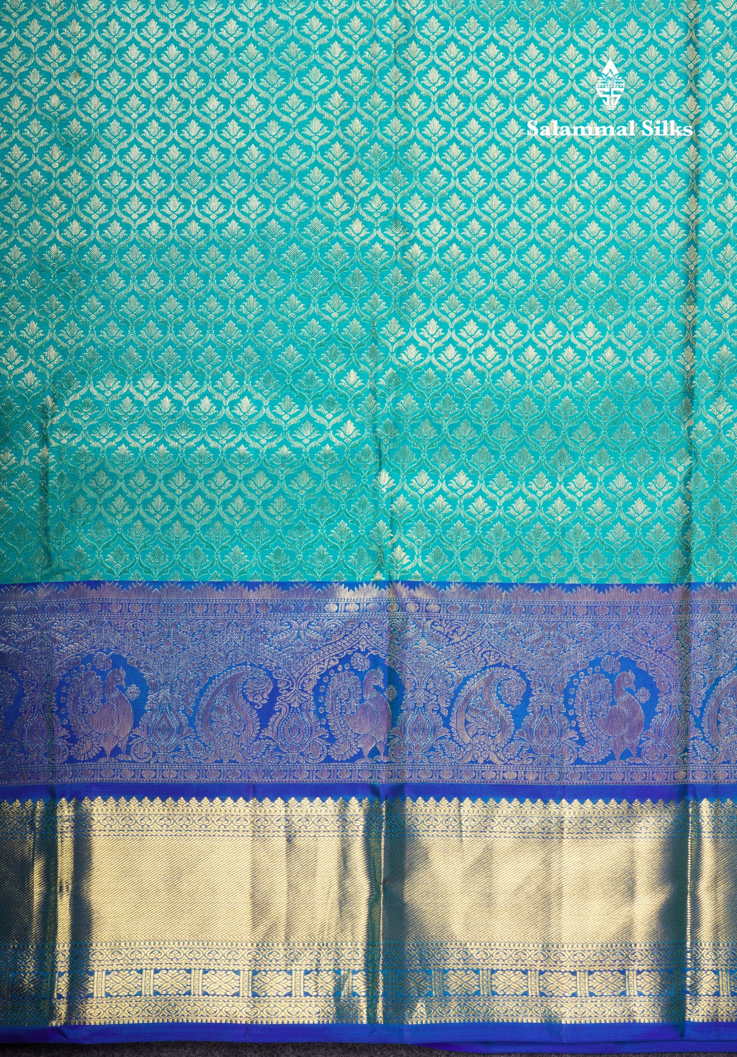 Sapphire Green Bridal Pure Kanjivaram Silk Saree With Contrast Royal Blue Border