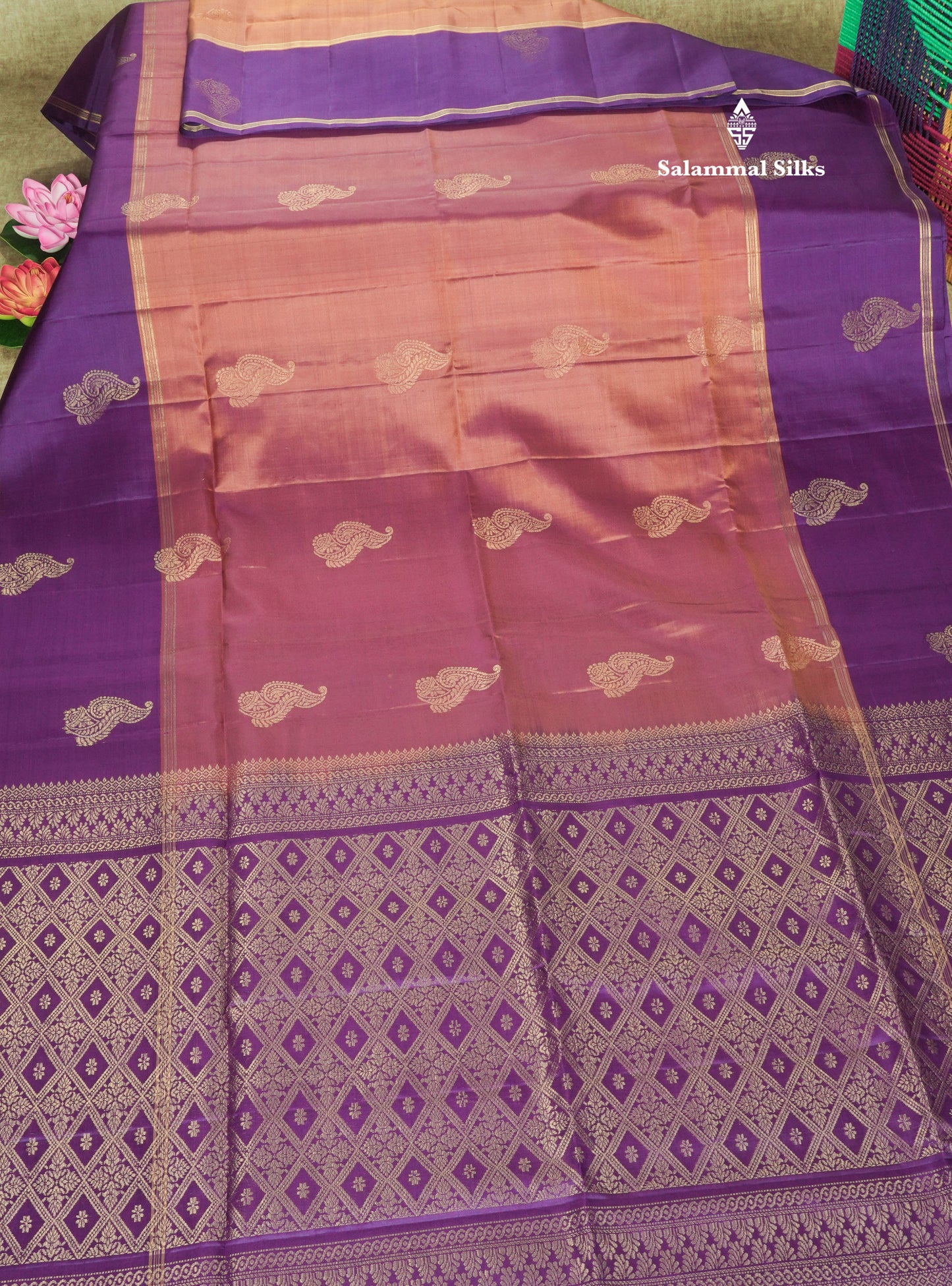 Onion Pink Kanjivaram Pure Soft Silk Saree With Contrast Violet Border