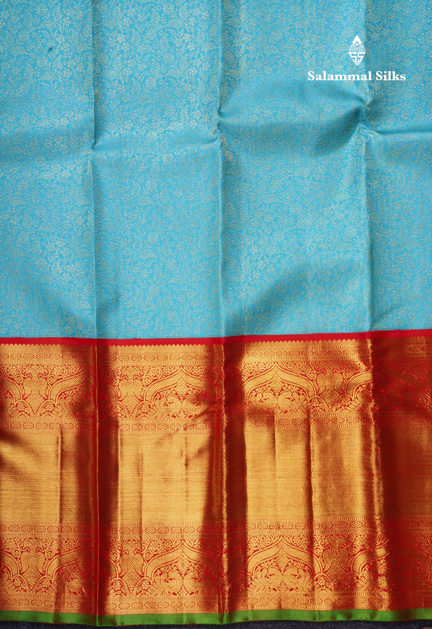 Sky Blue Pure Kanjivaram 2G Zari Silk Saree With Contrast Chilly Red Long Traditional Border