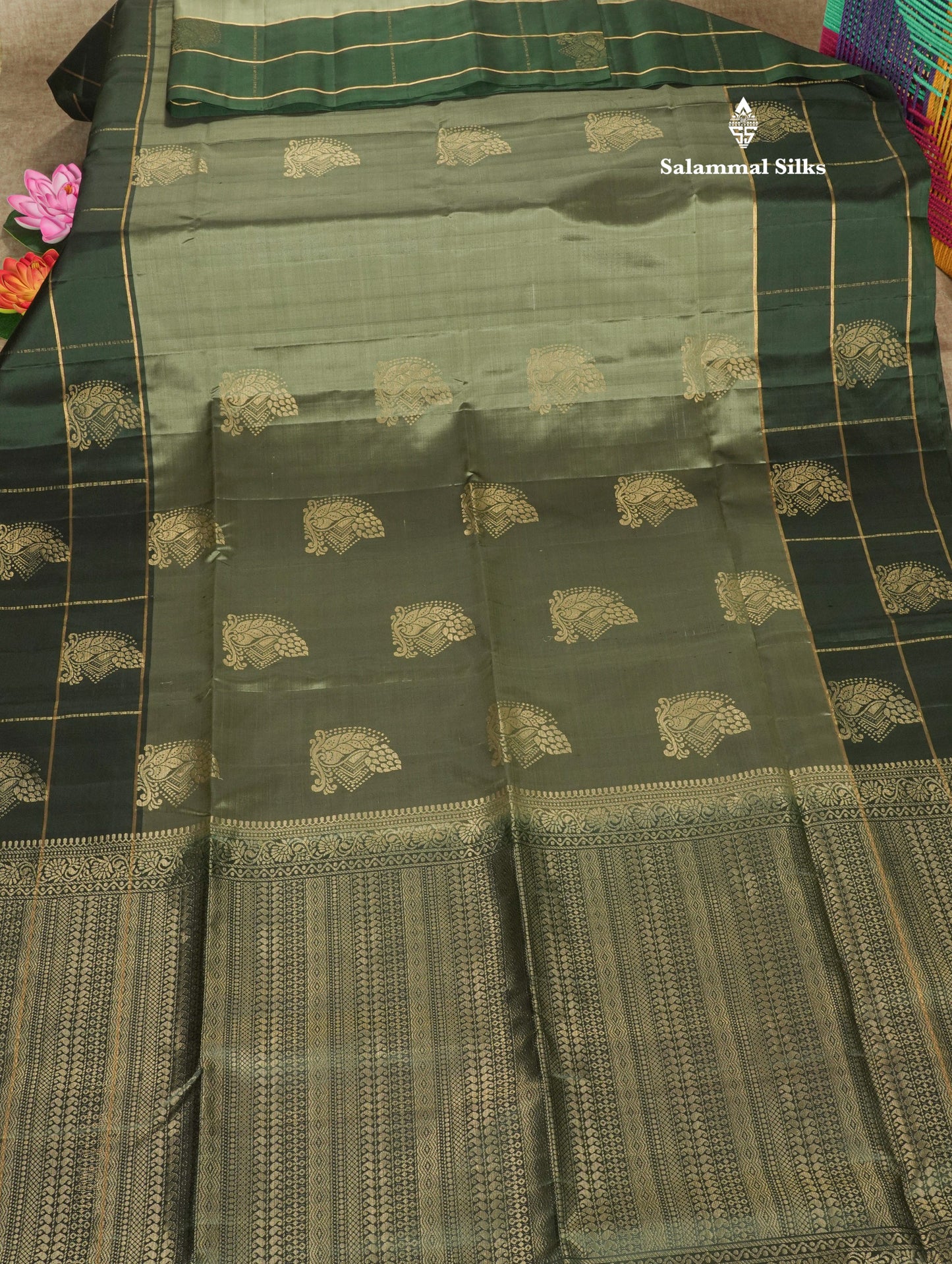 Moss Green Kanjivaram Pure Soft Silk Saree With Contrast Bottle Green Big Checks Border