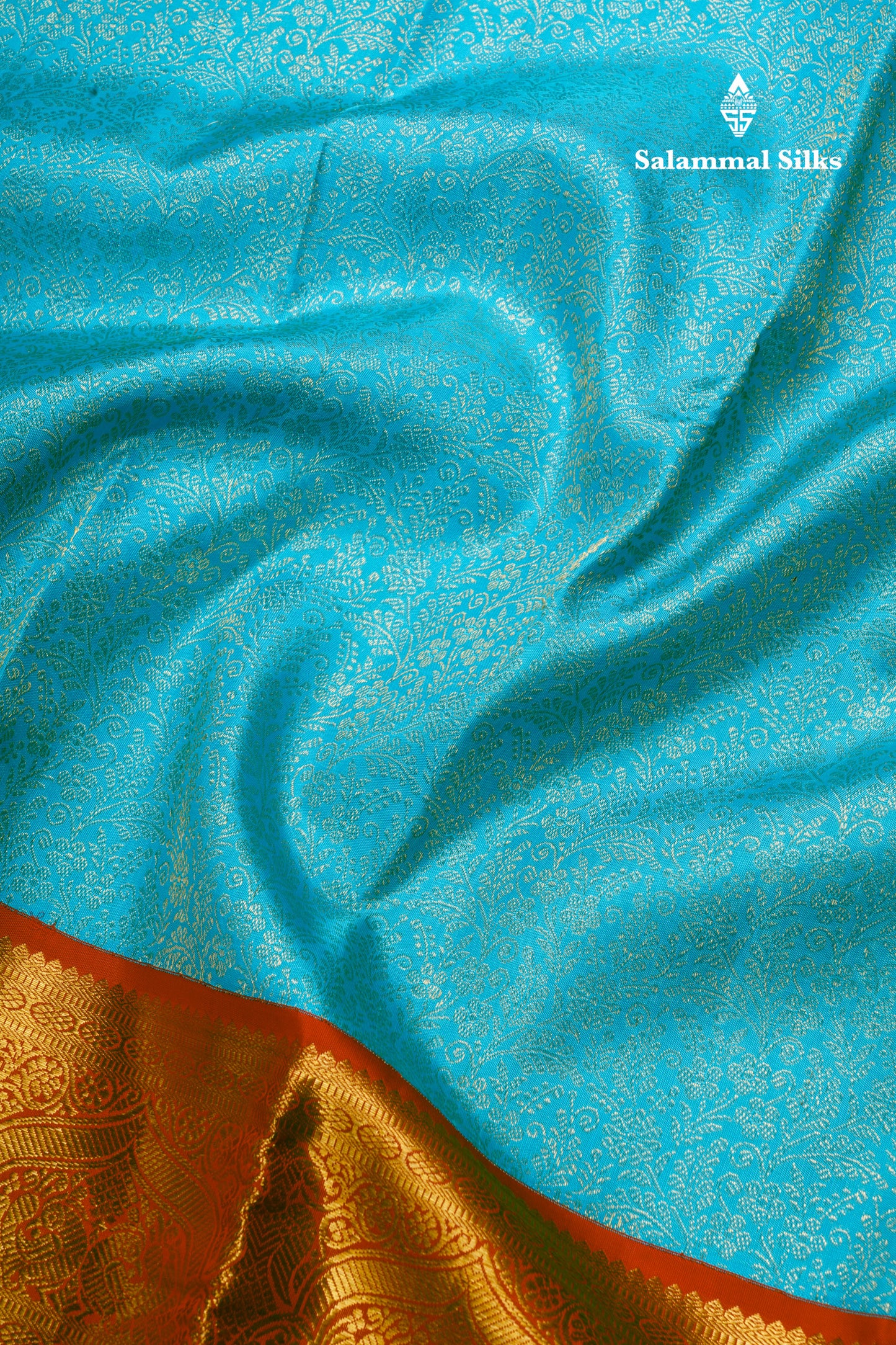 Sky Blue Pure Kanjivaram 2G Zari Silk Saree With Contrast Chilly Red Long Traditional Border