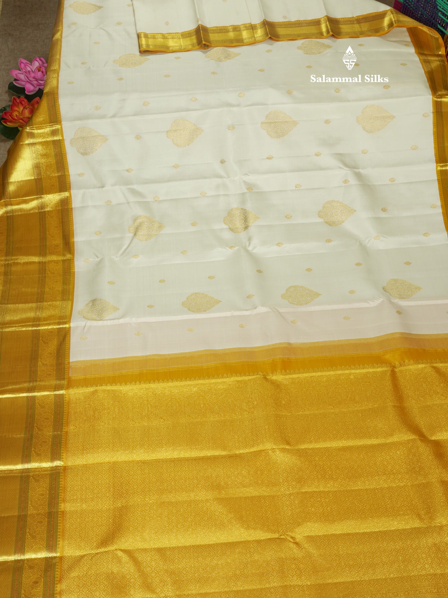 Half White Korvai Beautiful Pure Kanjivaram Silk Saree with Contrast Mustard Yellow Traditional Border