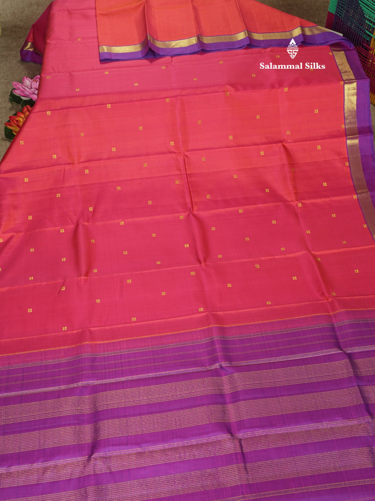 Pinkish Red Pure Kanjivaram Silk Saree with Contrast Small Vadamalli Border