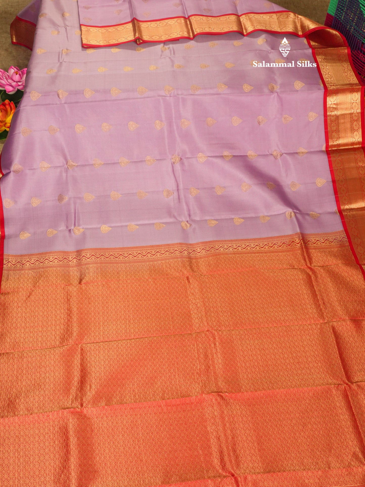 Lavender Pure Kanjivaram Silk Saree With Contrast Maroon Border