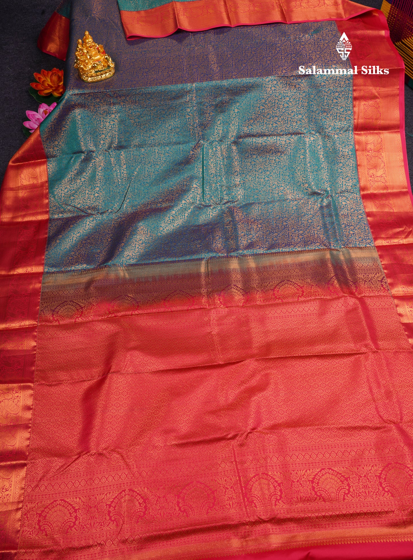 Peacock Blue Bridal Semi Silk Saree With Contrast Pink Border