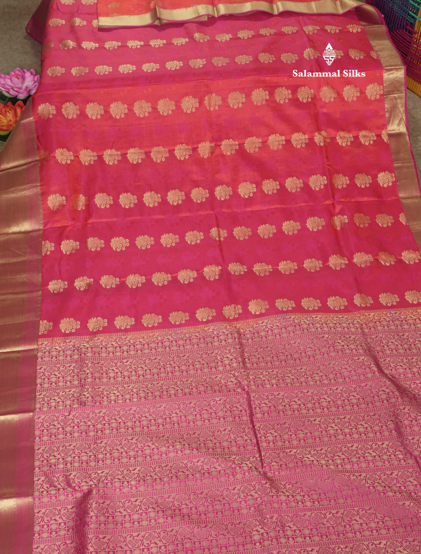Pinkish Orange Pure Kanjivaram Silk Saree With Contrast Pink Border