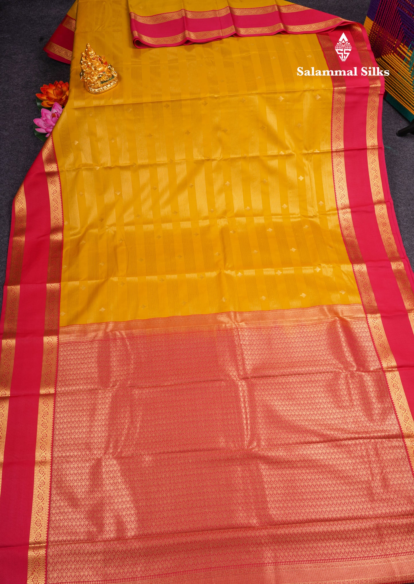 Mustard Yellow Vaira Oosi Butta Semi Silk Saree With Contrast Pink Gap Border
