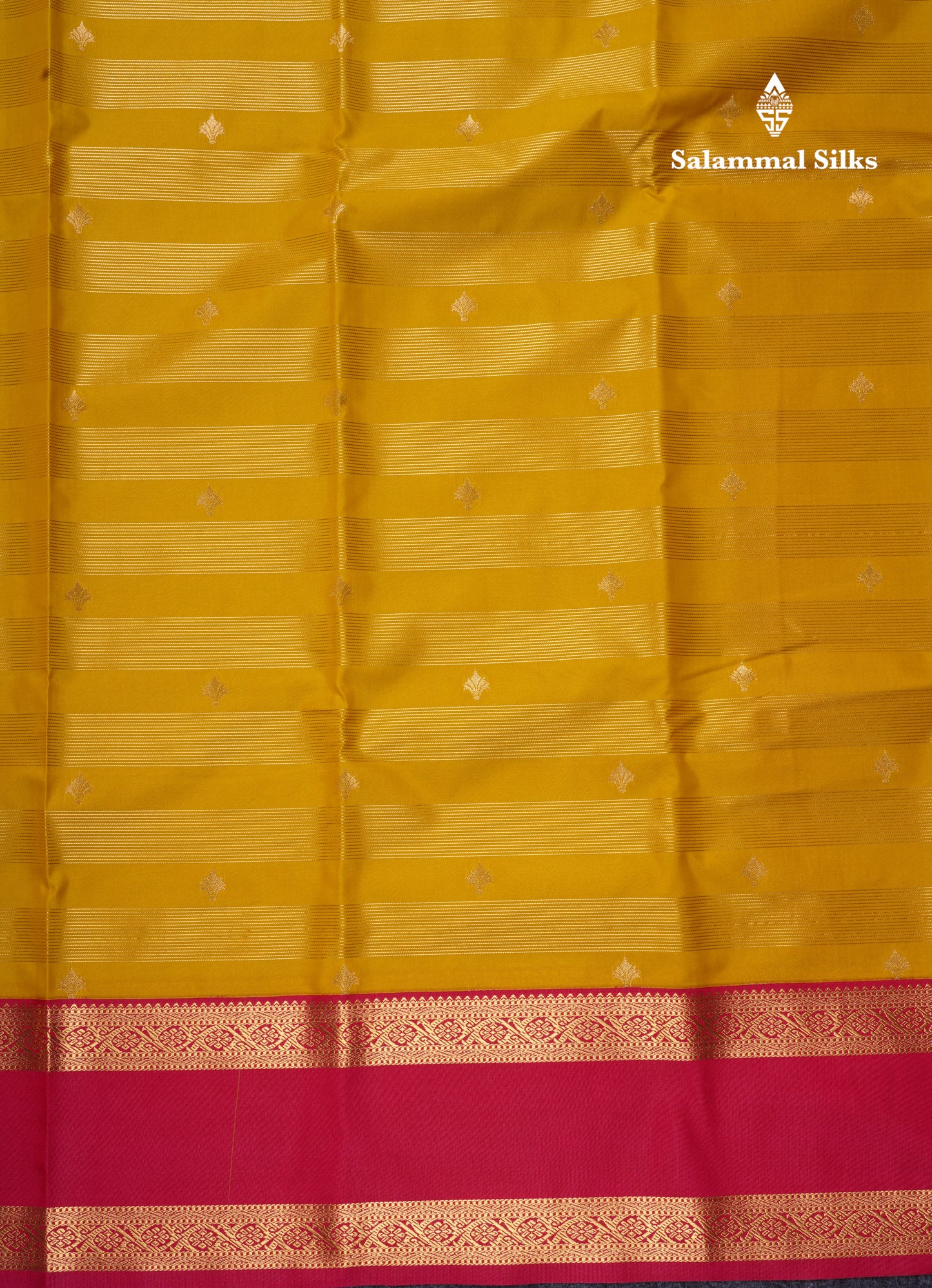 Mustard Yellow Vaira Oosi Butta Semi Silk Saree With Contrast Pink Gap Border