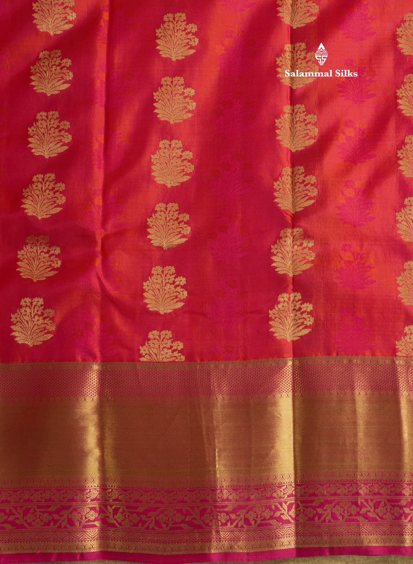 Pinkish Orange Pure Kanjivaram Silk Saree With Contrast Pink Border