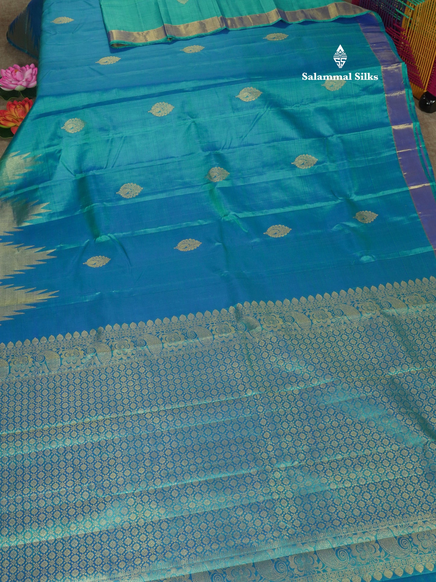 Dual tone Peacock Blue Pure Kanjivaram Silk Saree with Traditional Temple Border