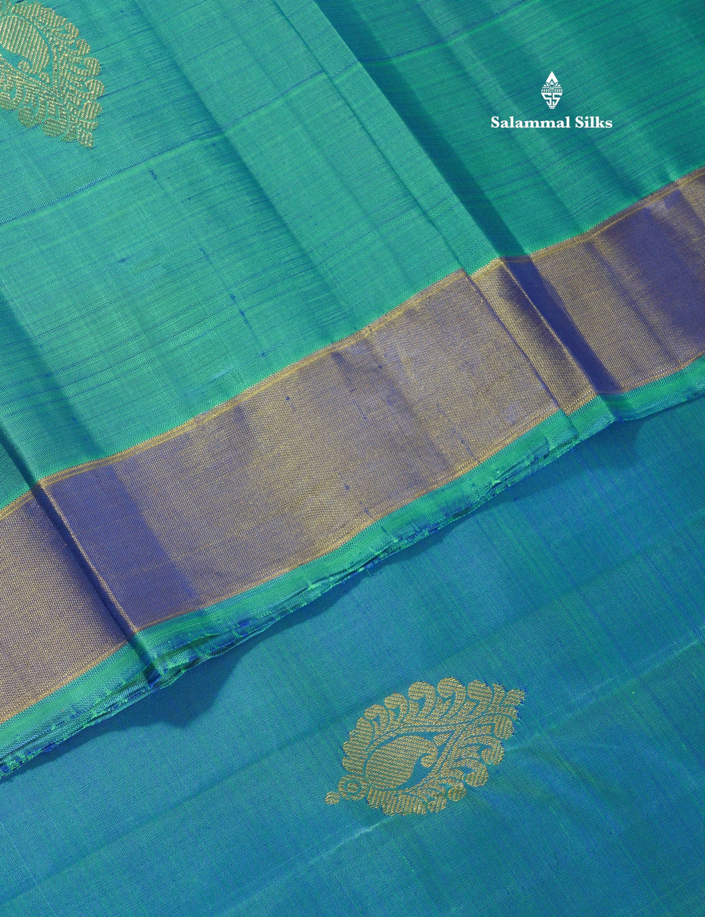 Dual tone Peacock Blue Pure Kanjivaram Silk Saree with Traditional Temple Border