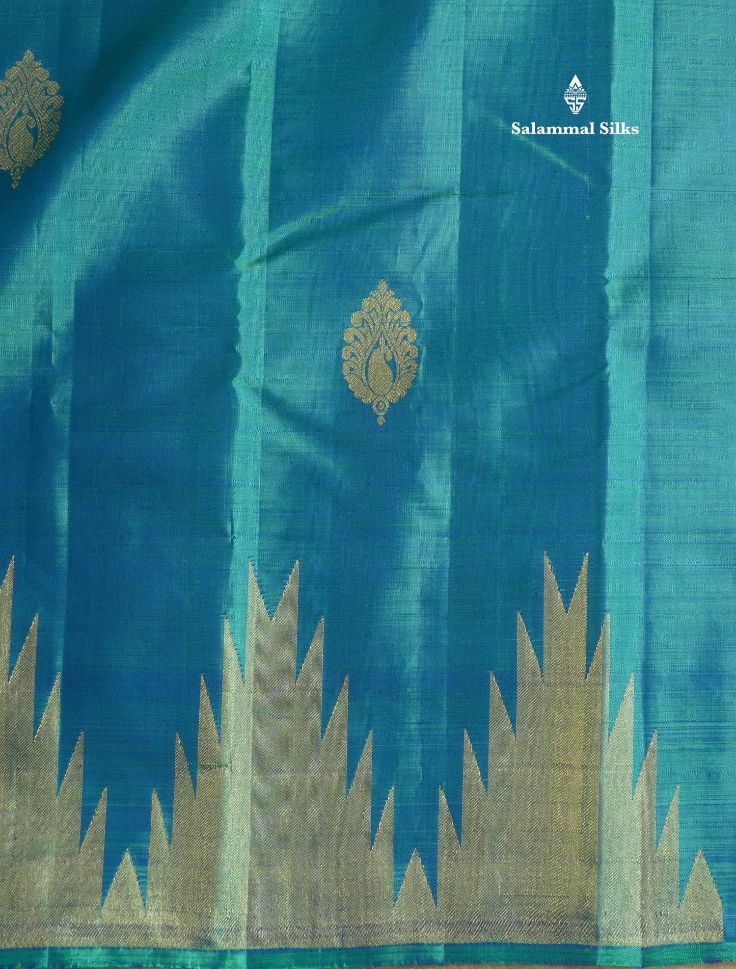 Dual tone Peacock Blue Pure Kanjivaram Silk Saree with Traditional Temple Border