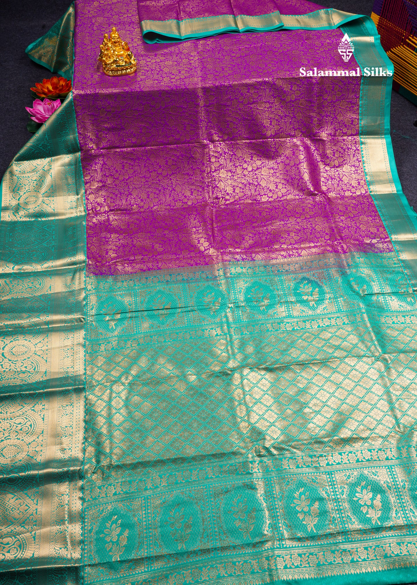 Purple Bridal Semi Silk Saree With Contrast Sapphire Green Border