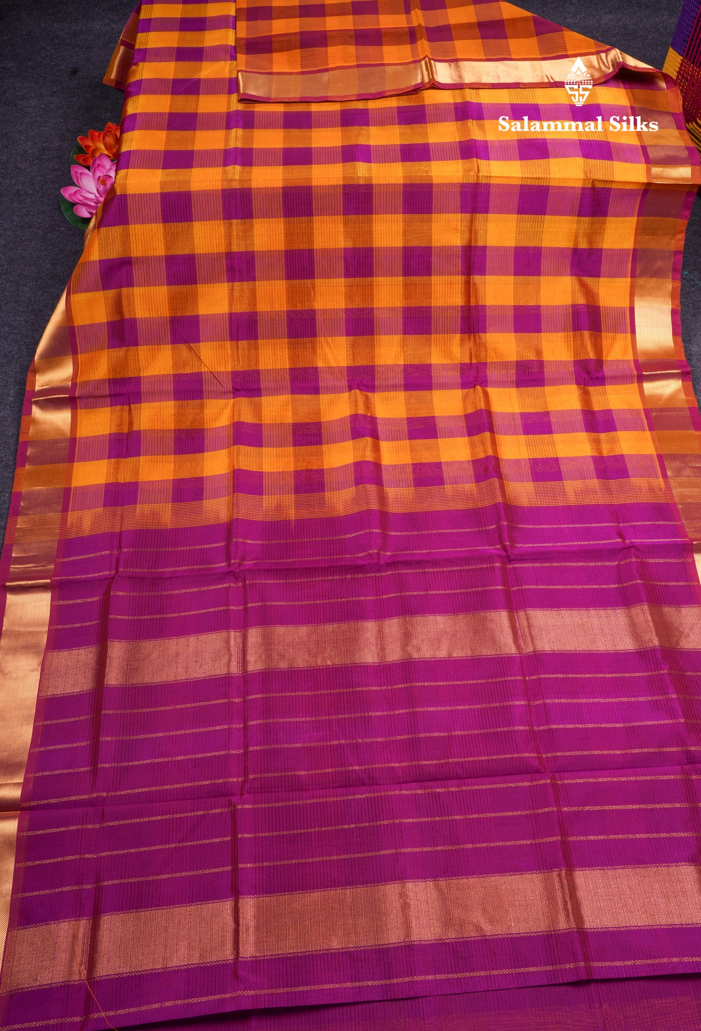 Paalum Pazham Checks Pure Silk Cotton Saree With Gold Zari Border