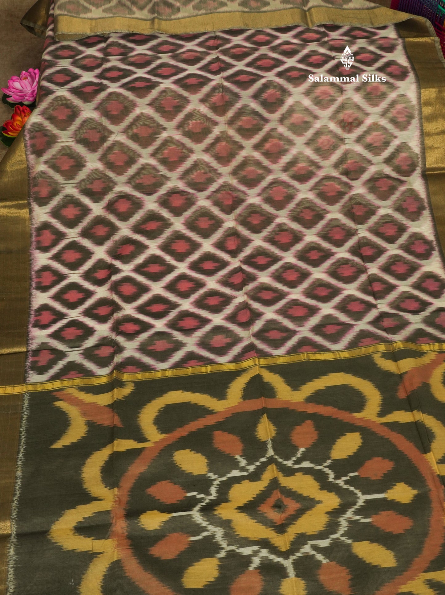 Premium White Pochampalli SICO Cotton Saree With Gold Zari Border