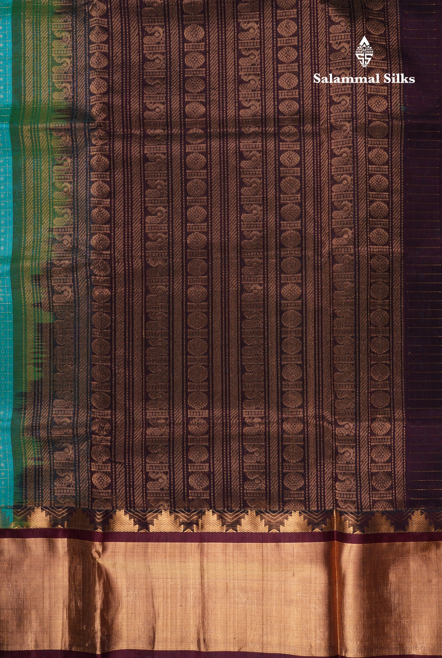 Pure Silk Cotton Dual Tone Sea Green Traditional Checks And Gold Silver Zari Lakshadeepam Buttas With Brown Border