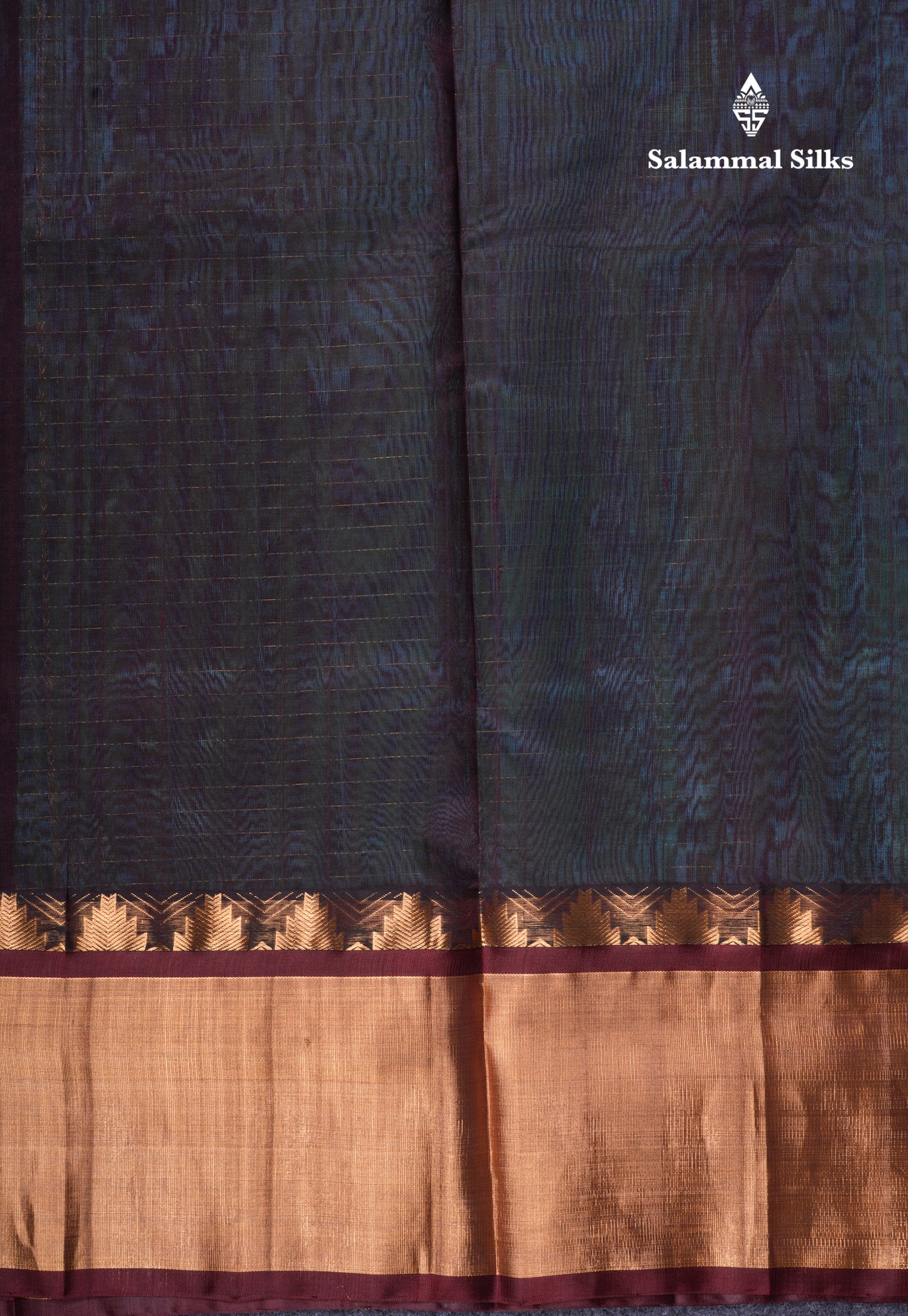 Pure Silk Cotton Dual Tone Sea Green Traditional Checks And Gold Silver Zari Lakshadeepam Buttas With Brown Border