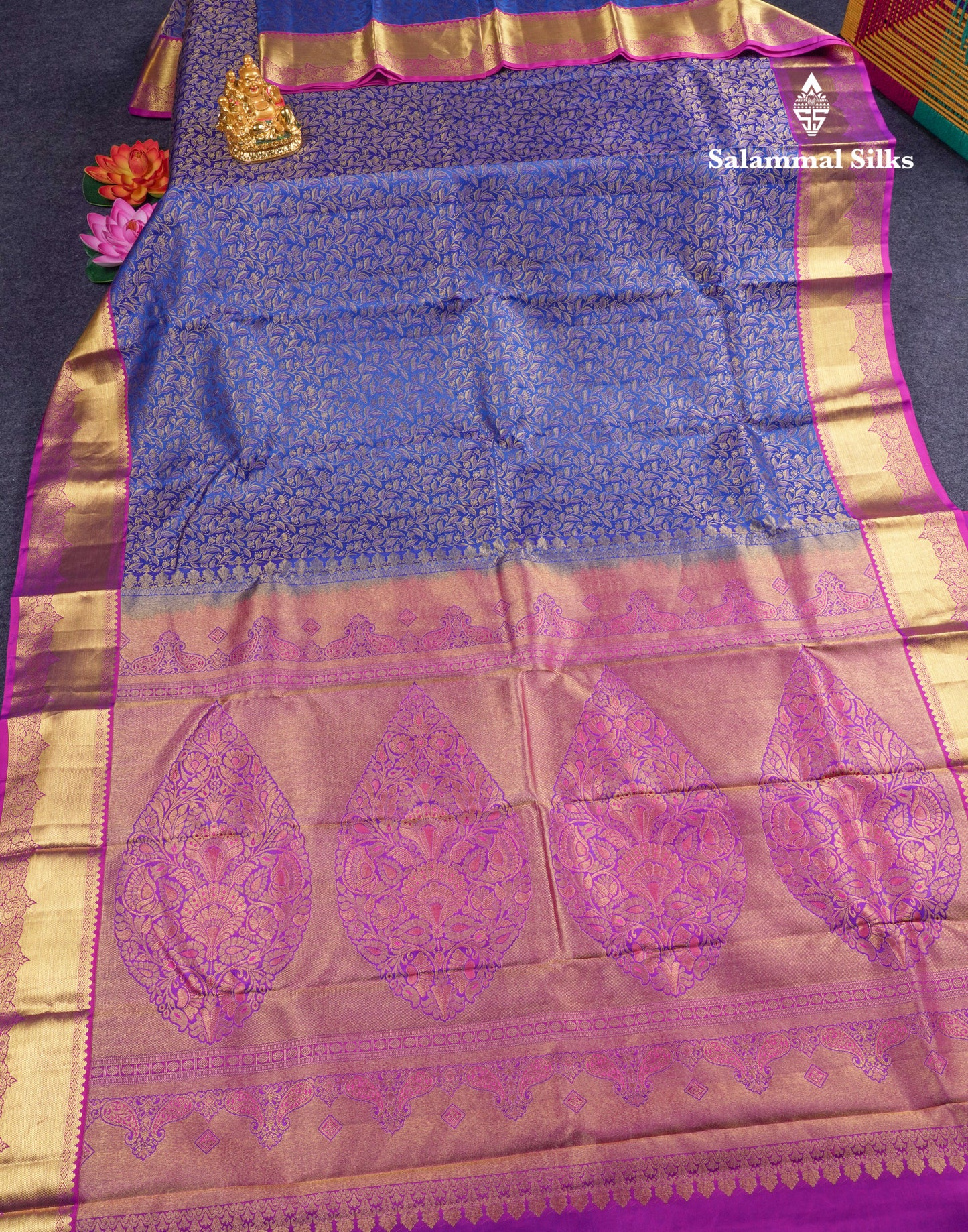 Dual Tone Royal Blue Bridal Pure Kanjivaram Silk Saree With Contrast Magenta Border
