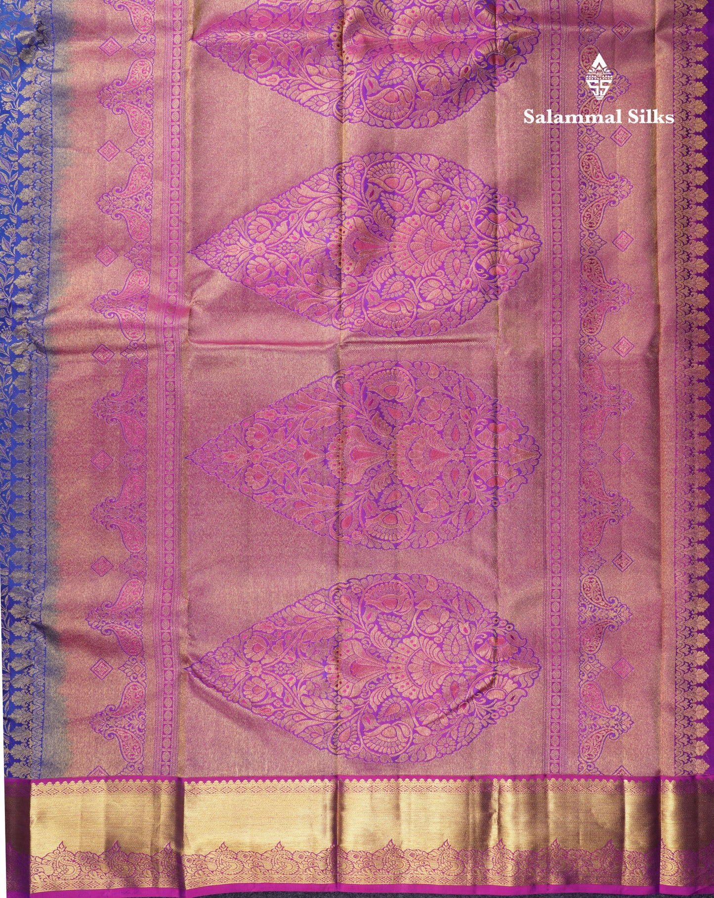 Dual Tone Royal Blue Bridal Pure Kanjivaram Silk Saree With Contrast Magenta Border