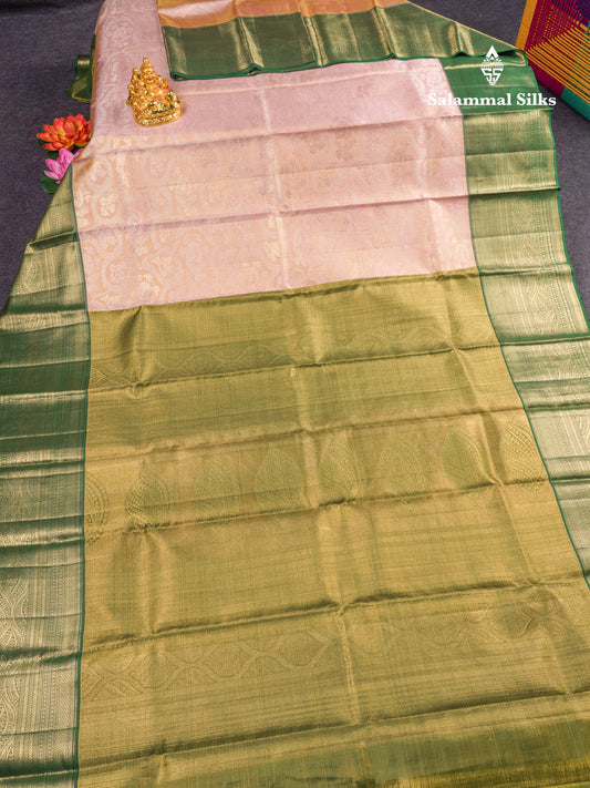 Peach Tissue Bridal Pure Kanjivaram Silk Saree With Contrast Bottle Green Border