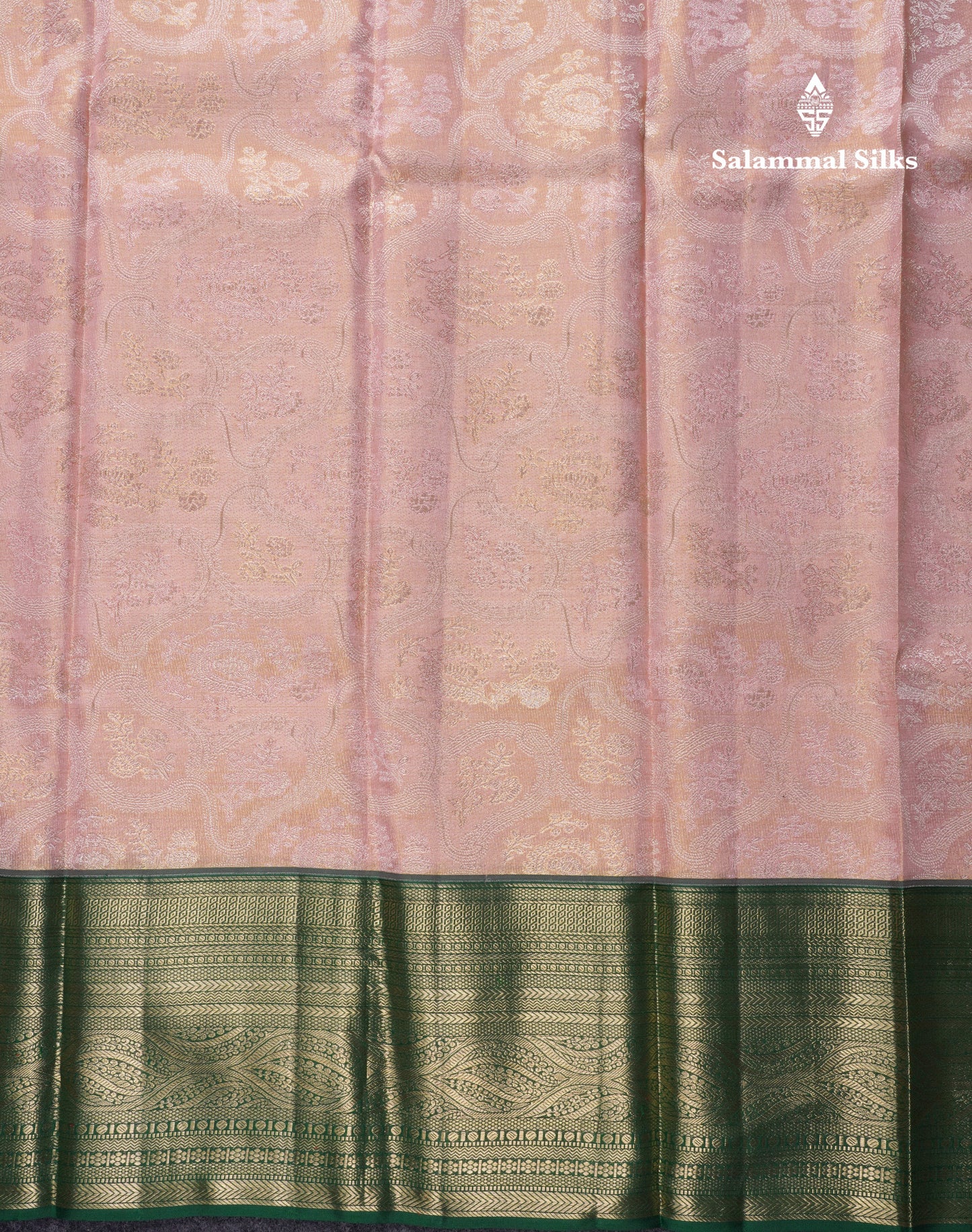 Peach Tissue Bridal Pure Kanjivaram Silk Saree With Contrast Bottle Green Border