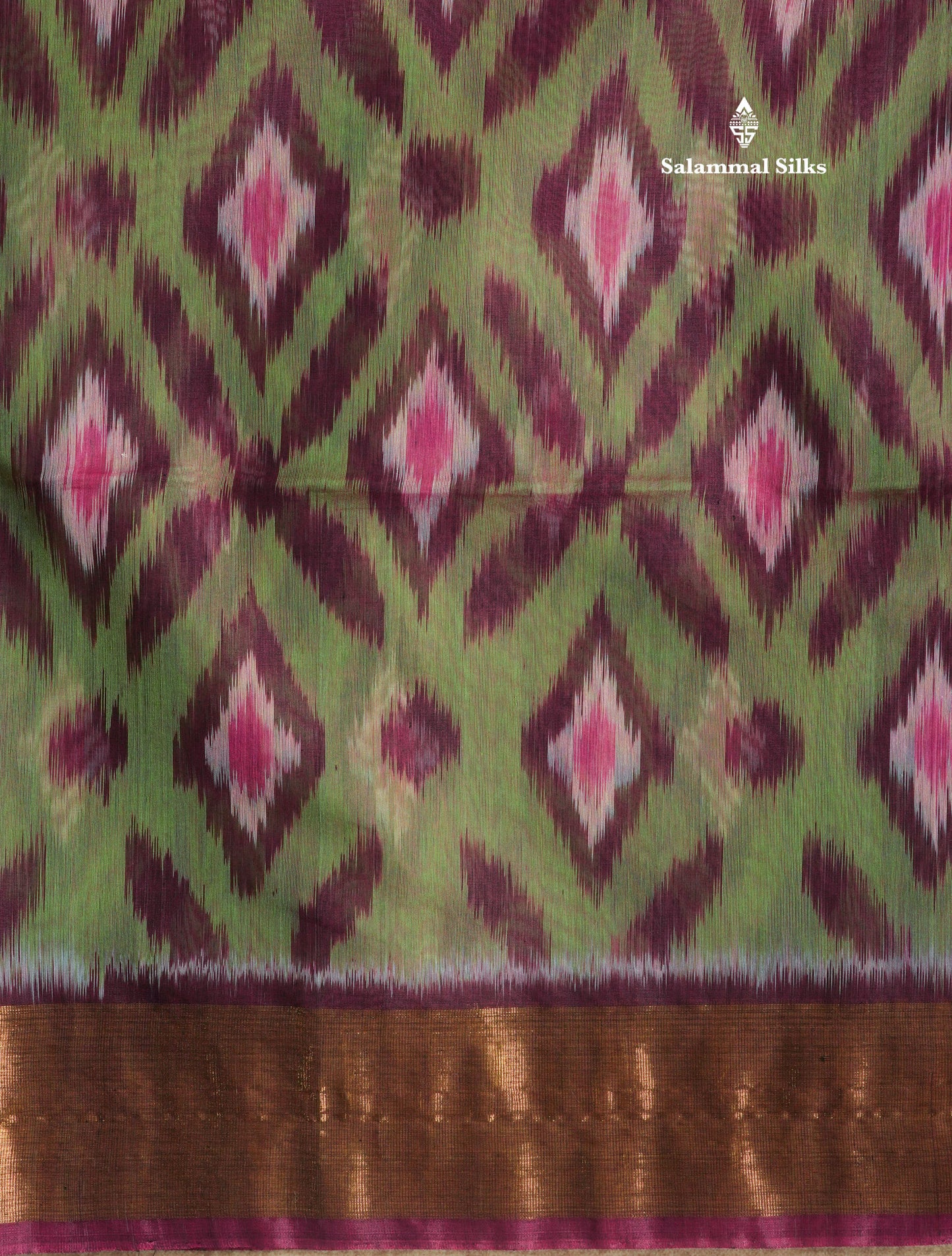 Premium Light Green Pochampalli SICO Cotton Saree With Contrast Violet Border