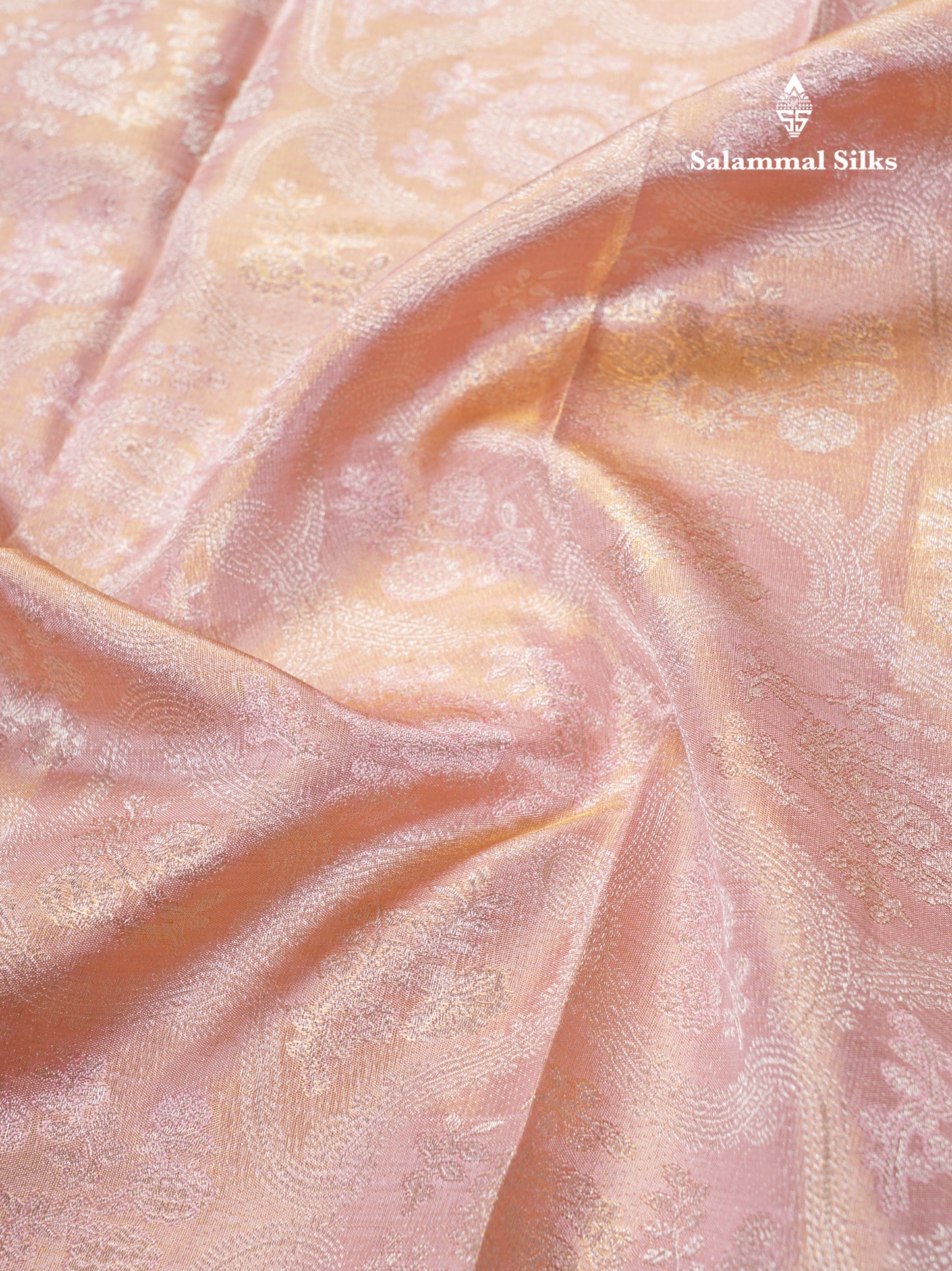 Peach Tissue Bridal Pure Kanjivaram Silk Saree With Contrast Bottle Green Border