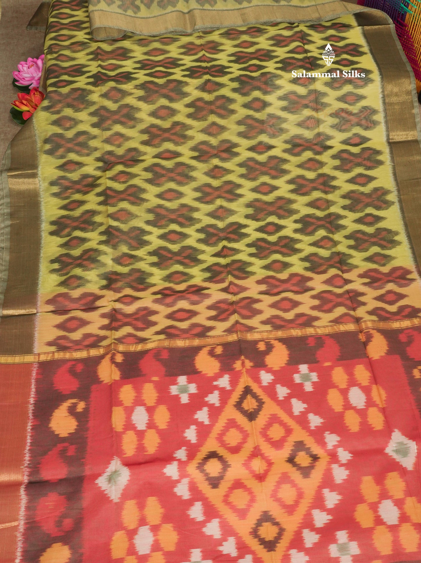 Premium Parrot Green Pochampalli SICO Cotton Saree With Gold Zari Border
