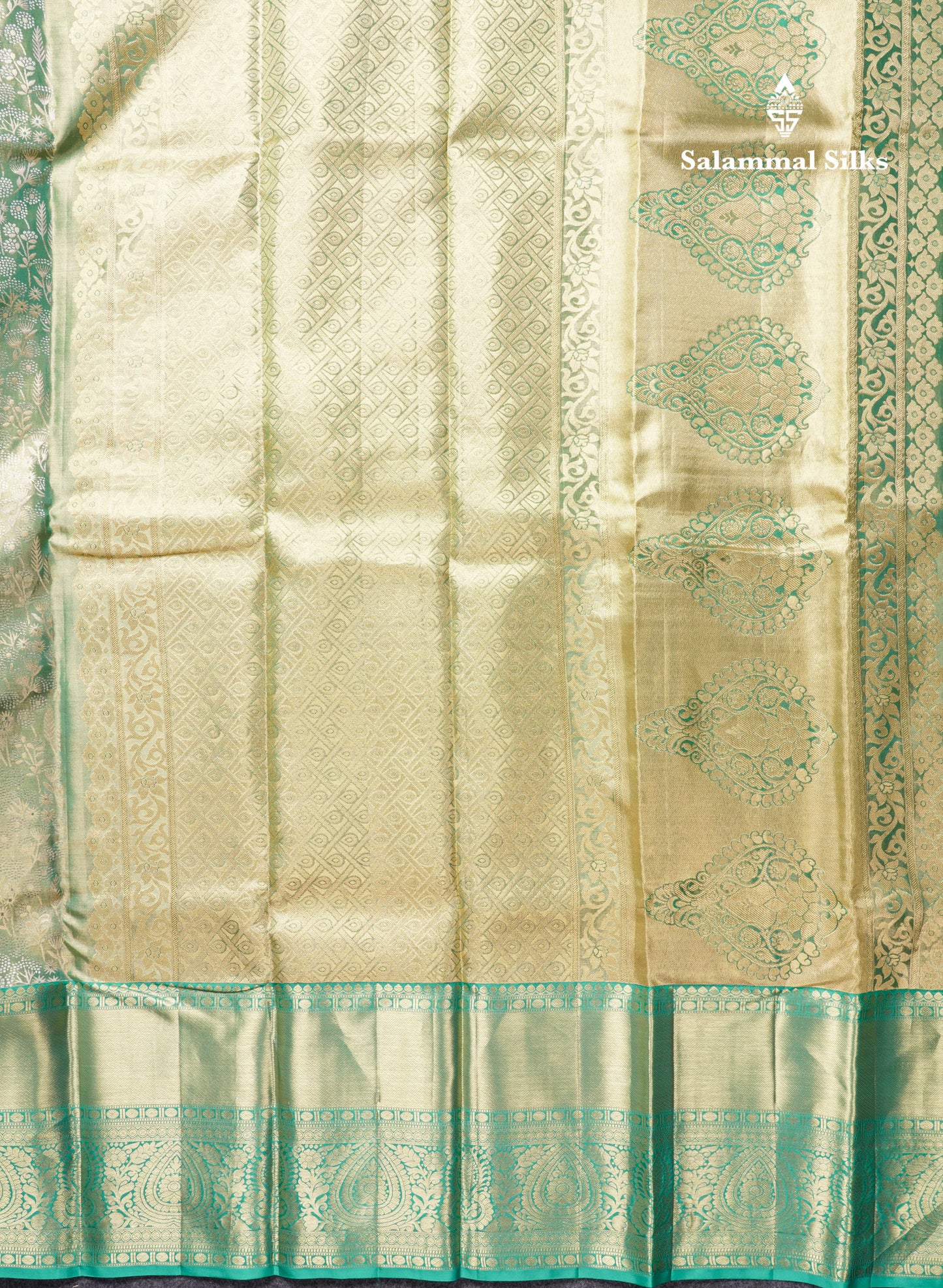 Light Green Tissue Bridal Pure Kanjivaram Silk Saree With Contrast Sapphire Green Border