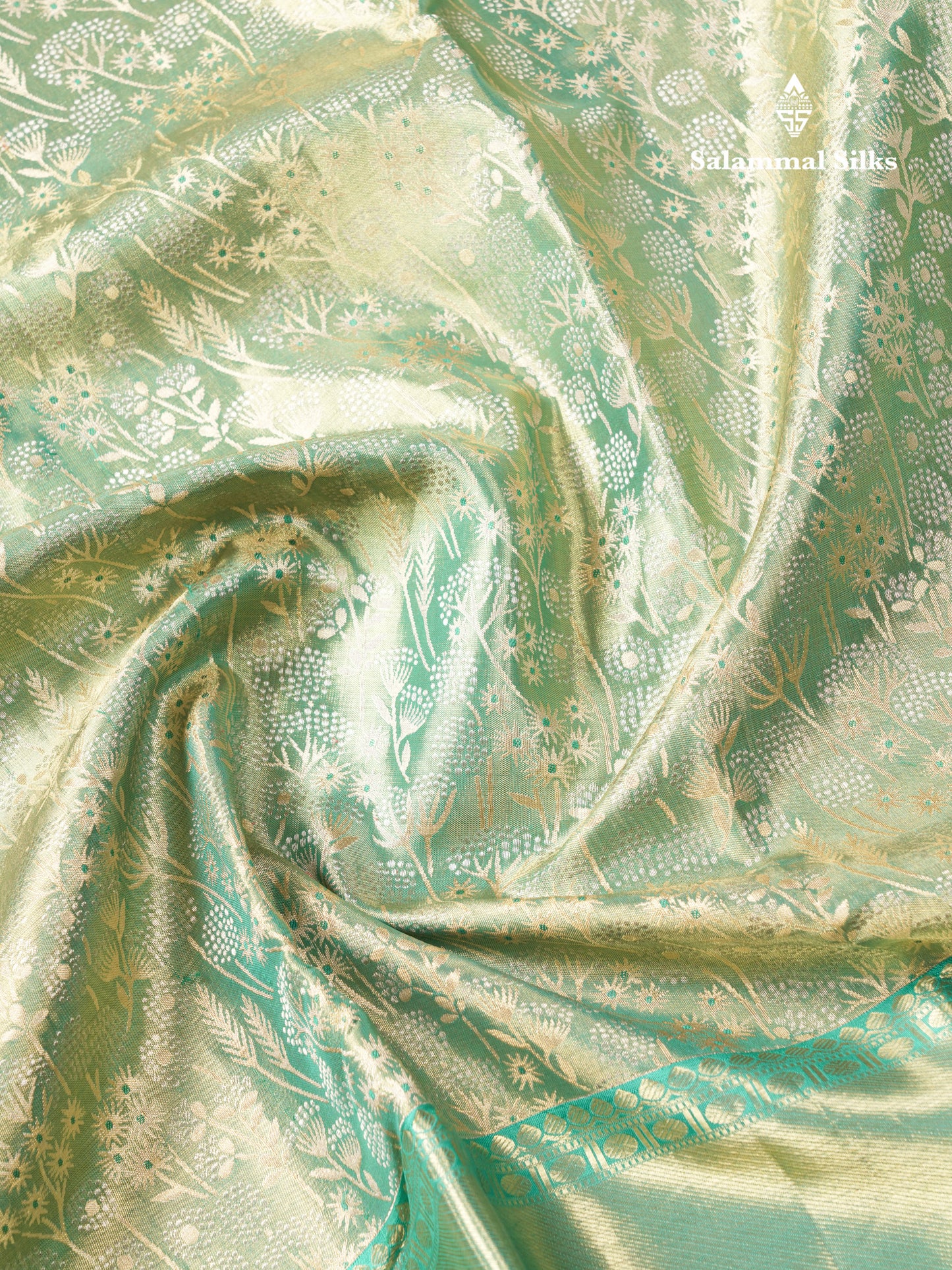 Light Green Tissue Bridal Pure Kanjivaram Silk Saree With Contrast Sapphire Green Border