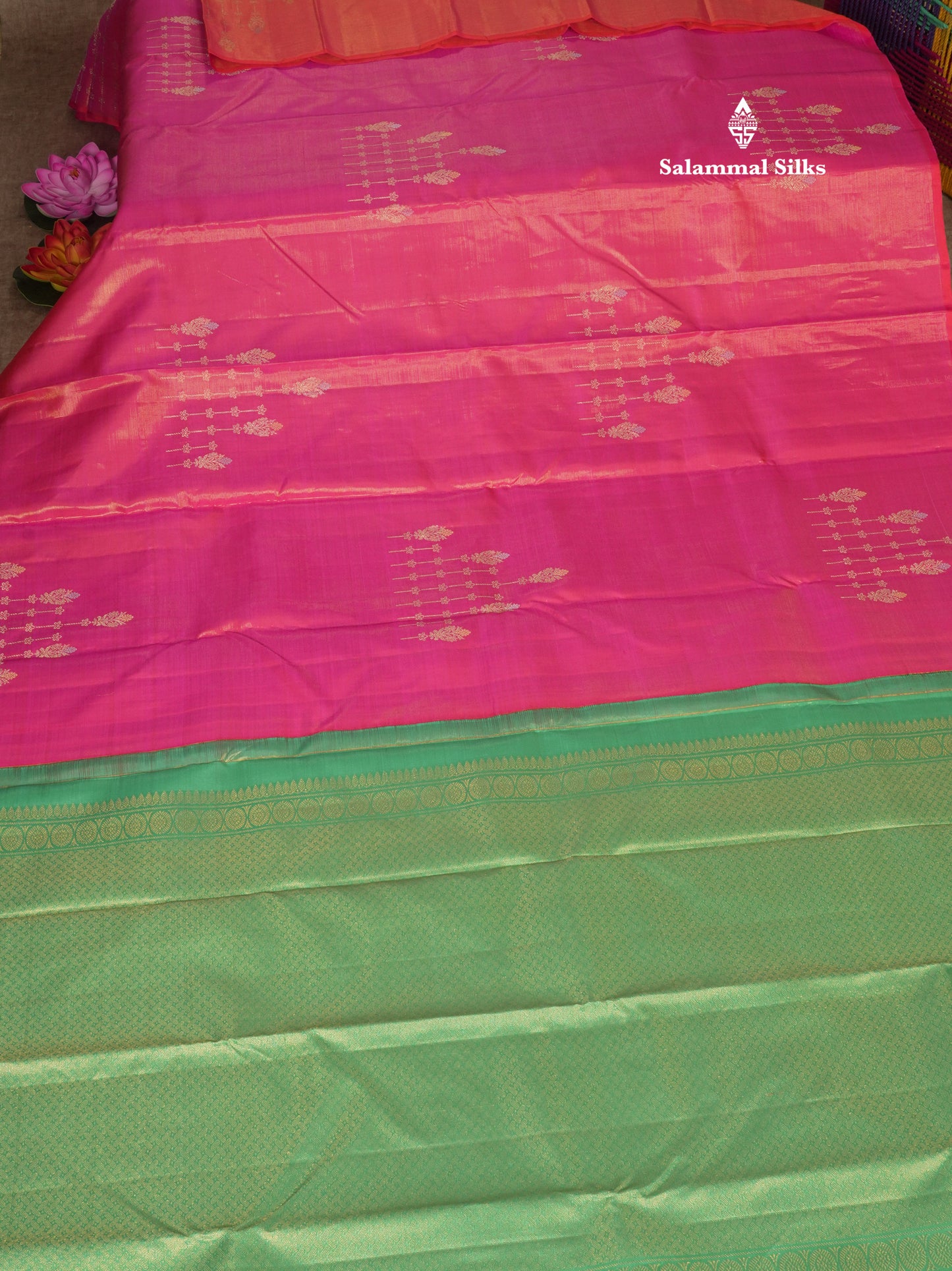 Beautiful Pink Fancy Vairaoosi Pure Kanjivaram Silk Saree with Contrast Rexona Green Blouse