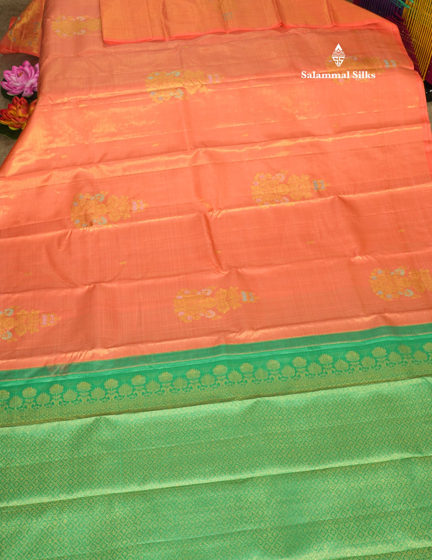 Orange Fancy Vairaoosi Pure Kanjivaram Silk Saree with Contrast Rexona Green Blouse